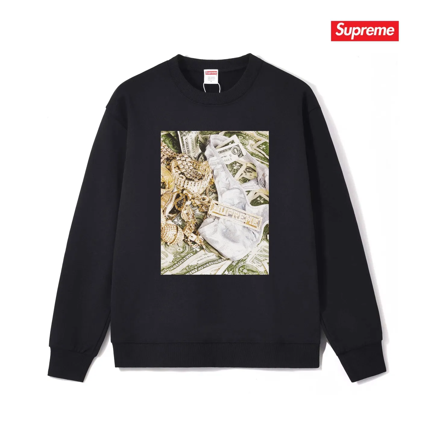 Style No. S1042 #terry p150💰 Velvet 160💰 Supreme SS20 Week 1 Bling Tee dollar printed round neck sweatshirt Made of 400g large terry (drop shoulder large version) fabric, soft texture and no pilling Imported environmentally friendly printing glue The pattern is bright and three-dimensional Quality💥Same style for men and women The upper body is trendy Color: black white gray Size: S M L XL XXL