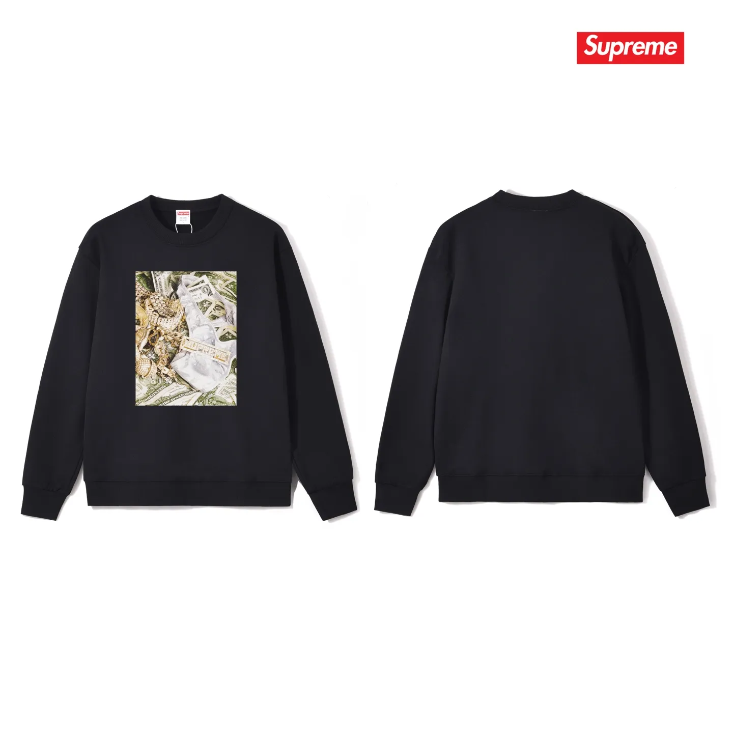 Style No. S1042 #terry p150💰 Velvet 160💰 Supreme SS20 Week 1 Bling Tee dollar printed round neck sweatshirt Made of 400g large terry (drop shoulder large version) fabric, soft texture and no pilling Imported environmentally friendly printing glue The pattern is bright and three-dimensional Quality💥Same style for men and women The upper body is trendy Color: black white gray Size: S M L XL XXL