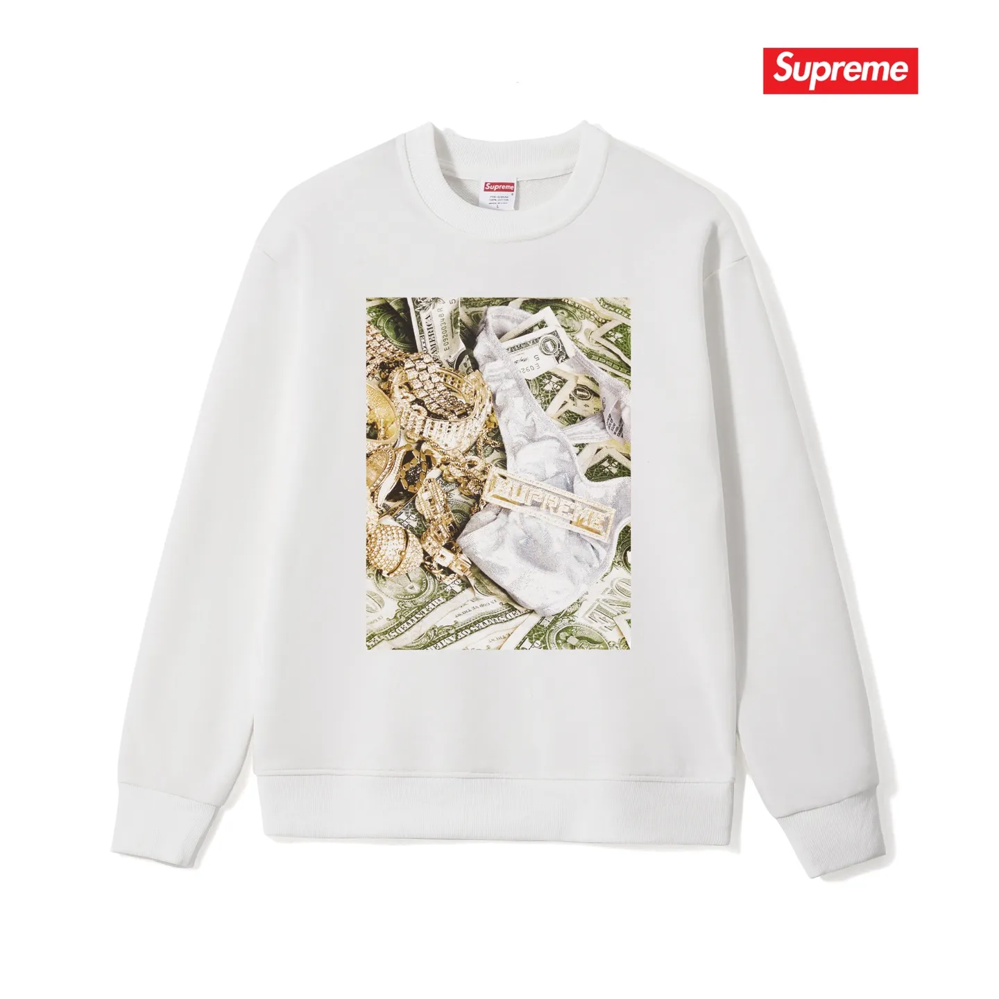 Style No. S1042 #terry p150💰 Velvet 160💰 Supreme SS20 Week 1 Bling Tee dollar printed round neck sweatshirt Made of 400g large terry (drop shoulder large version) fabric, soft texture and no pilling Imported environmentally friendly printing glue The pattern is bright and three-dimensional Quality💥Same style for men and women The upper body is trendy Color: black white gray Size: S M L XL XXL