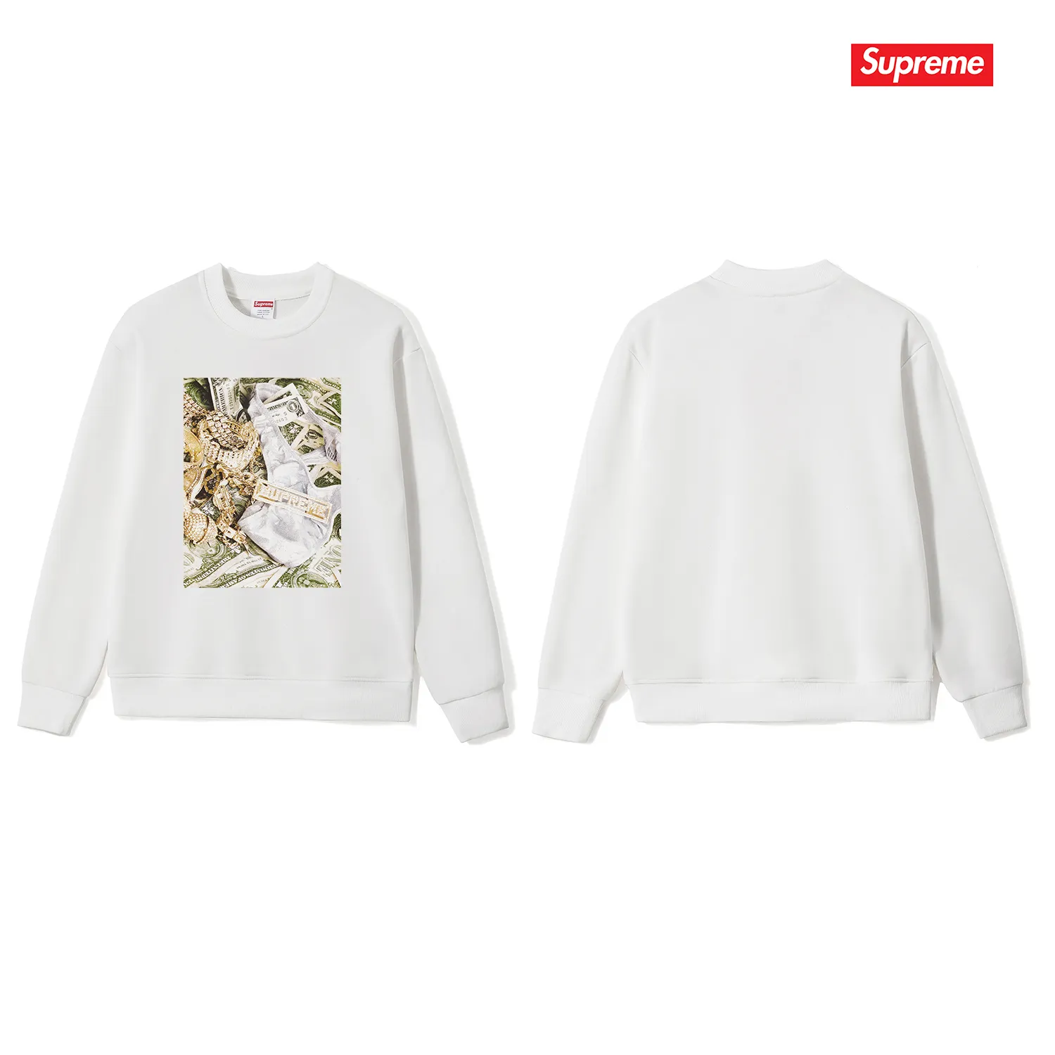 Style No. S1042 #terry p150💰 Velvet 160💰 Supreme SS20 Week 1 Bling Tee dollar printed round neck sweatshirt Made of 400g large terry (drop shoulder large version) fabric, soft texture and no pilling Imported environmentally friendly printing glue The pattern is bright and three-dimensional Quality💥Same style for men and women The upper body is trendy Color: black white gray Size: S M L XL XXL