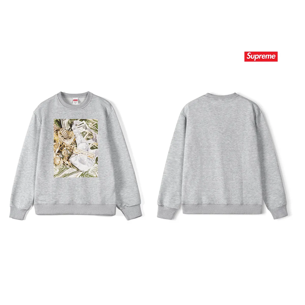 Style No. S1042 #terry p150💰 Velvet 160💰 Supreme SS20 Week 1 Bling Tee dollar printed round neck sweatshirt Made of 400g large terry (drop shoulder large version) fabric, soft texture and no pilling Imported environmentally friendly printing glue The pattern is bright and three-dimensional Quality💥Same style for men and women The upper body is trendy Color: black white gray Size: S M L XL XXL