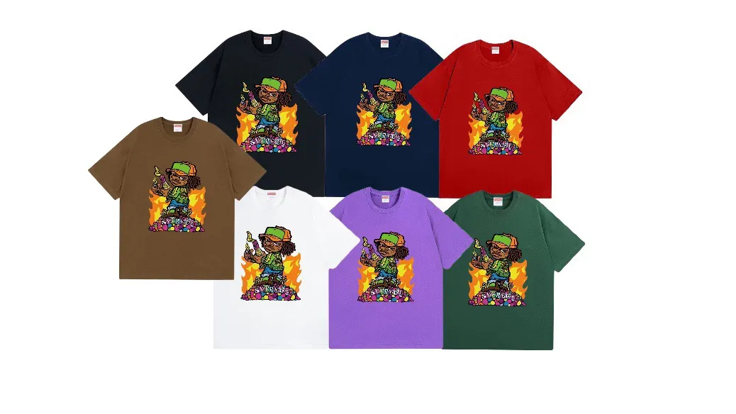 #S112 p110💰 Supreme SS19 Molotov Kid Tee Black little boy comic short sleeves. Loose fit. Made of 260g combed cotton double yarn. From fabrics to accessories, all three standards are complete and follow ZP. The slurry printing imported from Matsui Company will never crack. The whole piece adopts three-needle five-thread technology. The neckline-shoulder seam-sleeve seam is double-lined, which looks more three-dimensional and textured.) The same process as the original version, classic version Feel free to compare zp. The whole piece adopts three-needle five-thread craftsmanship (neckline-shoulder seam-sleeve seam double thread, which looks more three-dimensional and textured). It has the same craftsmanship as the original original, classic version. Color: White, Black, Navy Blue, Red, Purple, Dark Green, Brown. Size: S M L XL XXL