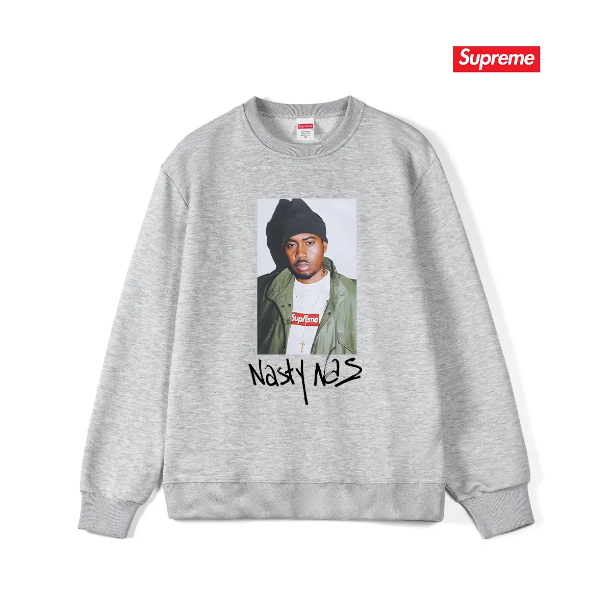 Style No. S1114 #terry p150💰 Velvet 160💰 Supreme FW17 Nas Tee Black rapper pattern unisex round neck sweatshirt Made of 400g large terry (drop shoulder large version) fabric, soft texture and no pilling Imported environmentally friendly printing glue The pattern is bright and three-dimensional Quality 💥 unisex style The upper body is trendy Color: black white gray Size: S M L XL XXL