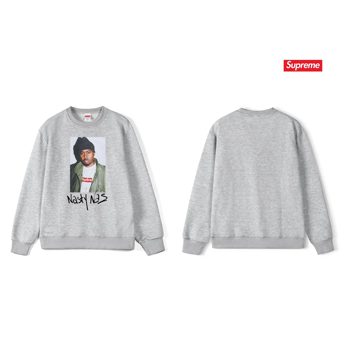Style No. S1114 #terry p150💰 Velvet 160💰 Supreme FW17 Nas Tee Black rapper pattern unisex round neck sweatshirt Made of 400g large terry (drop shoulder large version) fabric, soft texture and no pilling Imported environmentally friendly printing glue The pattern is bright and three-dimensional Quality 💥 unisex style The upper body is trendy Color: black white gray Size: S M L XL XXL