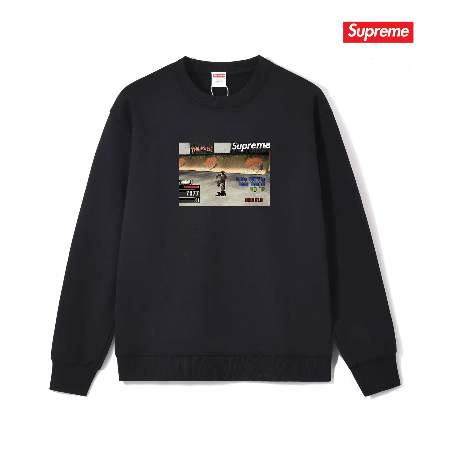 Style No. S1086 #terry p150💰 Velvet 160💰 Supreme Week 5 x Thrasher co-branded Game Tee round-neck sweatshirt Made of 400g large terry (drop shoulder large version) fabric, soft texture and no pilling Imported environmentally friendly printing glue The pattern is bright and three-dimensional Quality💥Same style for men and women The upper body is trendy Color: black white gray Size: S M L XL XXL