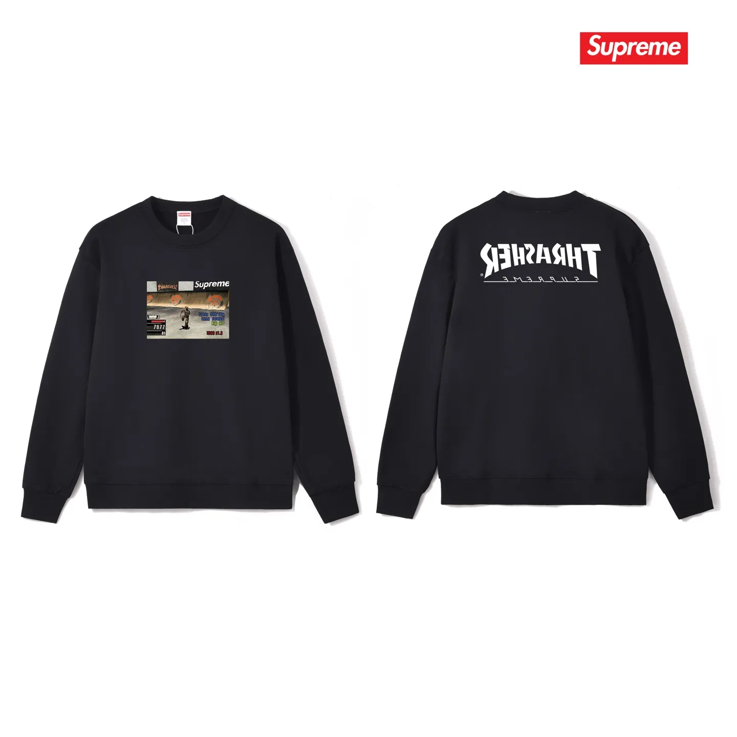 Style No. S1086 #terry p150💰 Velvet 160💰 Supreme Week 5 x Thrasher co-branded Game Tee round-neck sweatshirt Made of 400g large terry (drop shoulder large version) fabric, soft texture and no pilling Imported environmentally friendly printing glue The pattern is bright and three-dimensional Quality💥Same style for men and women The upper body is trendy Color: black white gray Size: S M L XL XXL
