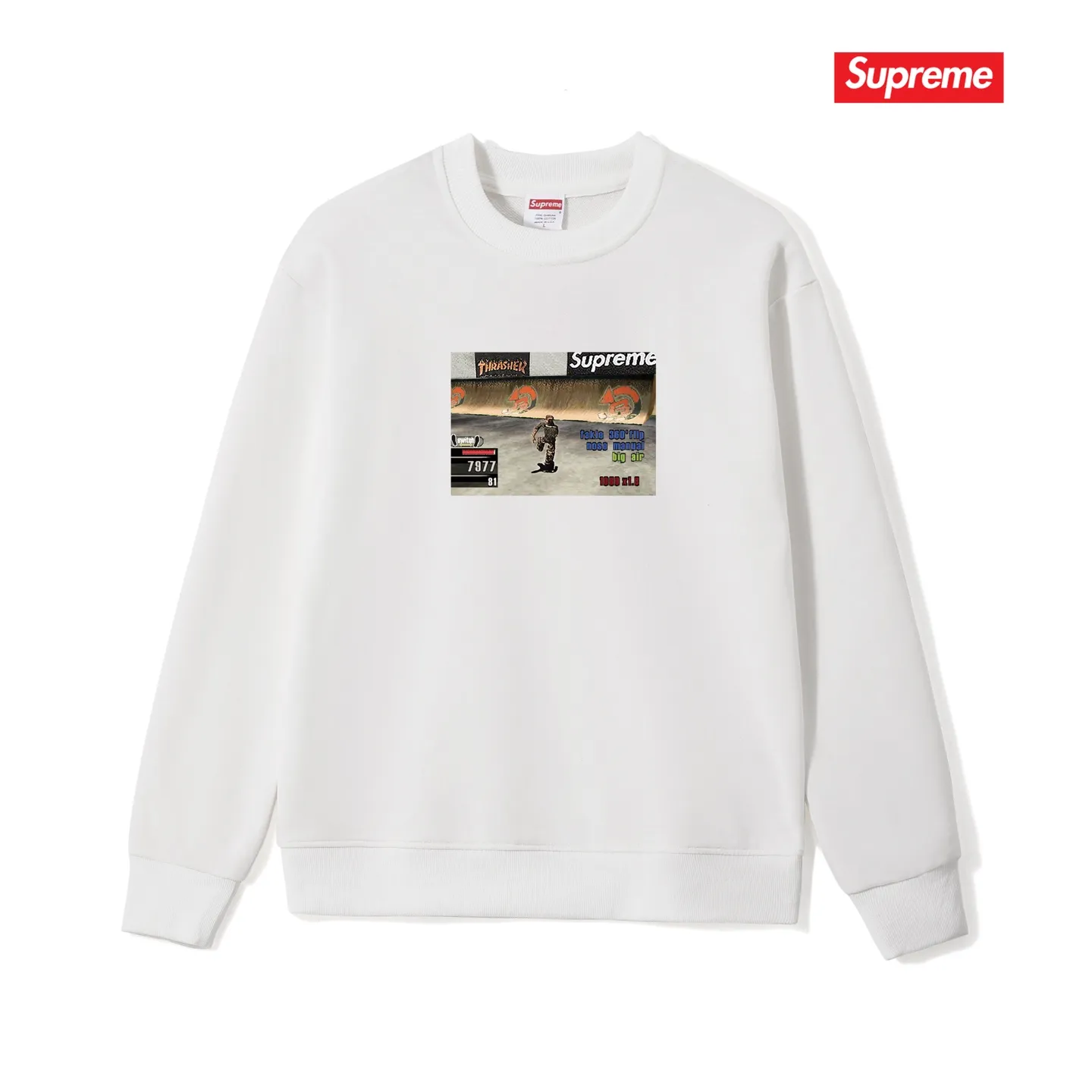 Style No. S1086 #terry p150💰 Velvet 160💰 Supreme Week 5 x Thrasher co-branded Game Tee round-neck sweatshirt Made of 400g large terry (drop shoulder large version) fabric, soft texture and no pilling Imported environmentally friendly printing glue The pattern is bright and three-dimensional Quality💥Same style for men and women The upper body is trendy Color: black white gray Size: S M L XL XXL