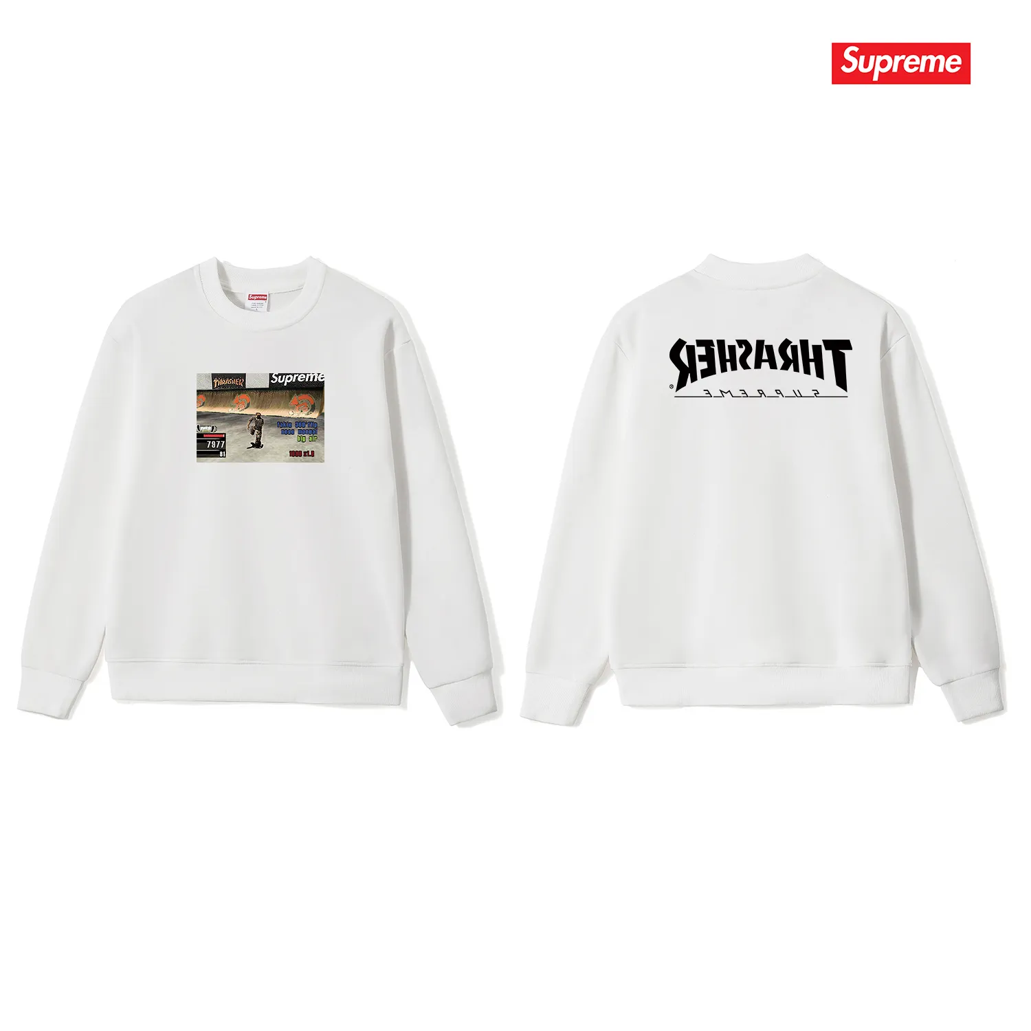 Style No. S1086 #terry p150💰 Velvet 160💰 Supreme Week 5 x Thrasher co-branded Game Tee round-neck sweatshirt Made of 400g large terry (drop shoulder large version) fabric, soft texture and no pilling Imported environmentally friendly printing glue The pattern is bright and three-dimensional Quality💥Same style for men and women The upper body is trendy Color: black white gray Size: S M L XL XXL