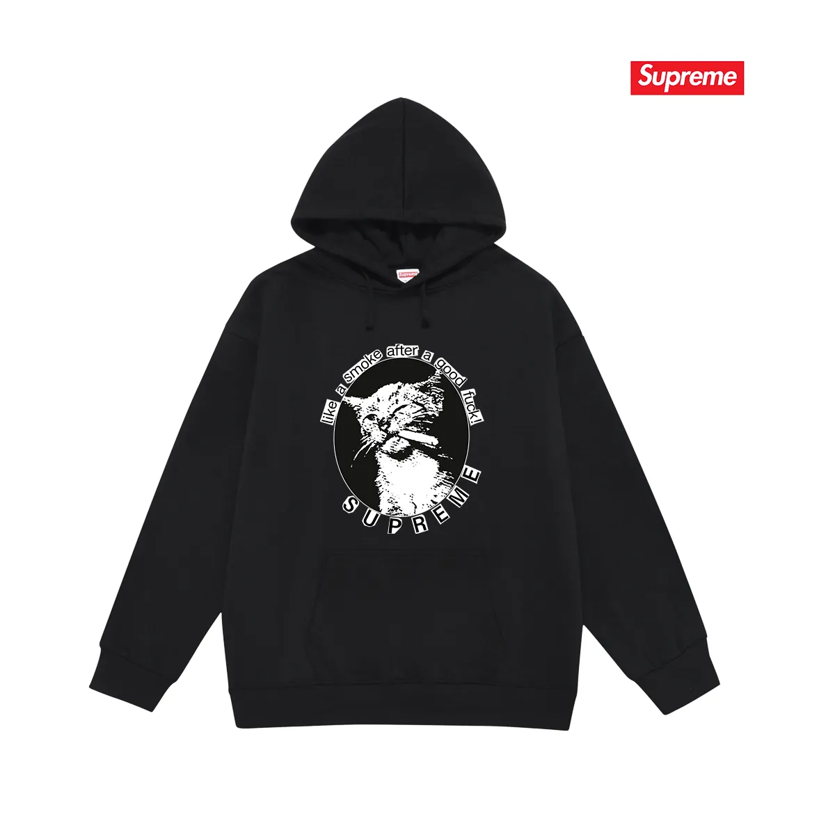 Style No. S2158 #terry P160💰 Velvet P170💰 Sup 76SS Smoke Cute kitten smoking pattern hooded sweatshirt Made of 400g large terry 430g silver fox velvet (drop shoulder large version) fabric, soft texture and no pilling Imported environmentally friendly printing glue The pattern is bright and three-dimensional Quality 💥Same style for men and women The upper body is trendy Color: black white gray Size: S M L XL XXL