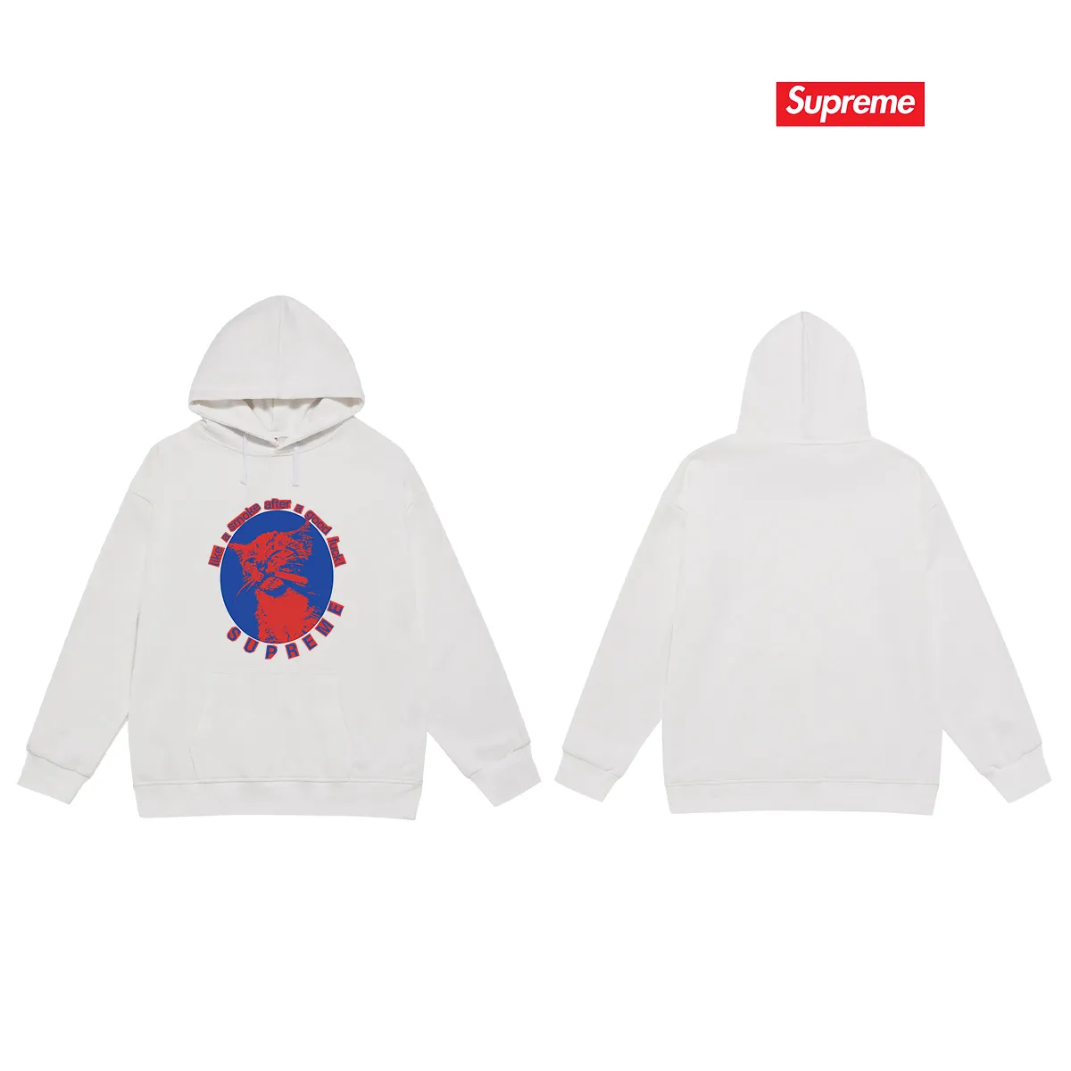 Style No. S2158 #terry P160💰 Velvet P170💰 Sup 76SS Smoke Cute kitten smoking pattern hooded sweatshirt Made of 400g large terry 430g silver fox velvet (drop shoulder large version) fabric, soft texture and no pilling Imported environmentally friendly printing glue The pattern is bright and three-dimensional Quality 💥Same style for men and women The upper body is trendy Color: black white gray Size: S M L XL XXL