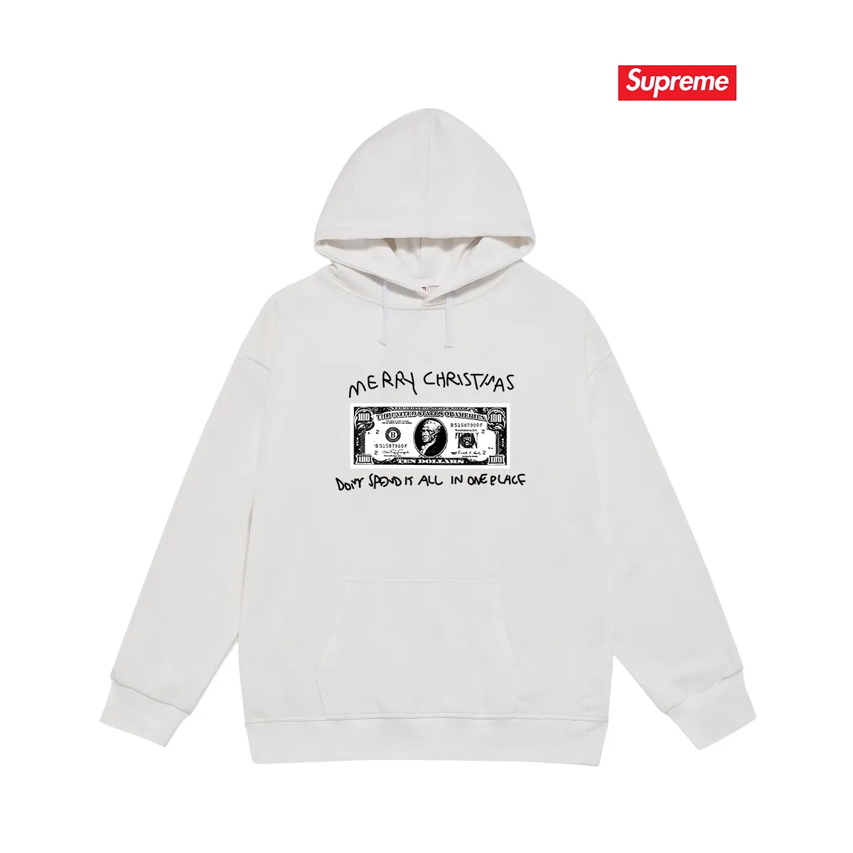 Style No. S2124 #terry P160💰 Velvet P170💰 Supreme 21FW SPEND IT TEE dollar Christmas printed hooded sweatshirt Made of 400g large terry 430g silver fox velvet (drop shoulder large version) fabric, soft texture and no pilling Imported environmentally friendly printing glue The pattern is bright and three-dimensional Quality 💥Same style for men and women The upper body is trendy Color: black white gray Size: S M L XL XXL