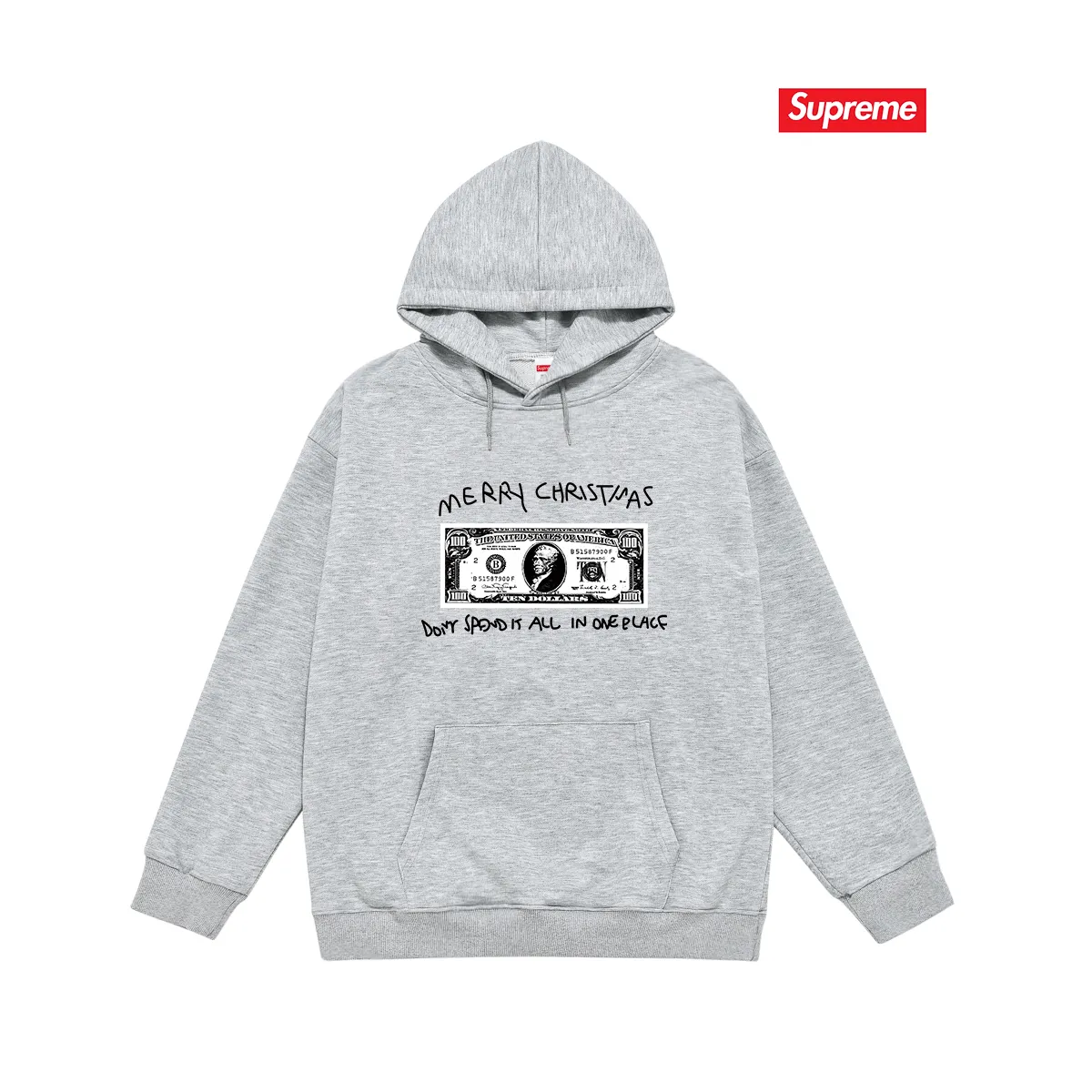 Style No. S2124 #terry P160💰 Velvet P170💰 Supreme 21FW SPEND IT TEE dollar Christmas printed hooded sweatshirt Made of 400g large terry 430g silver fox velvet (drop shoulder large version) fabric, soft texture and no pilling Imported environmentally friendly printing glue The pattern is bright and three-dimensional Quality 💥Same style for men and women The upper body is trendy Color: black white gray Size: S M L XL XXL