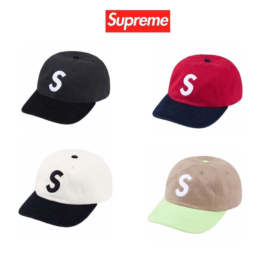 S364💰p130 Supreme 24SS 2-TONE S LOGO 6-PANEL Retro Color Block Embroidered Leather Button Hat Color: White Black Red Khaki