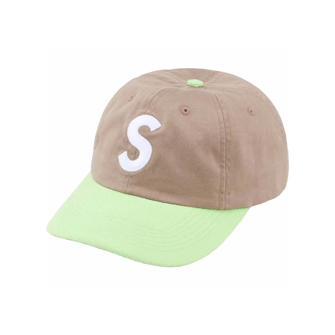 S364💰p130 Supreme 24SS 2-TONE S LOGO 6-PANEL Retro Color Block Embroidered Leather Button Hat Color: White Black Red Khaki