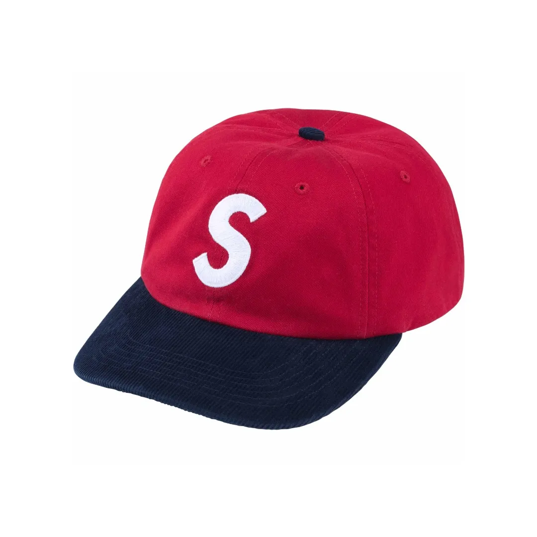S364💰p130 Supreme 24SS 2-TONE S LOGO 6-PANEL Retro Color Block Embroidered Leather Button Hat Color: White Black Red Khaki