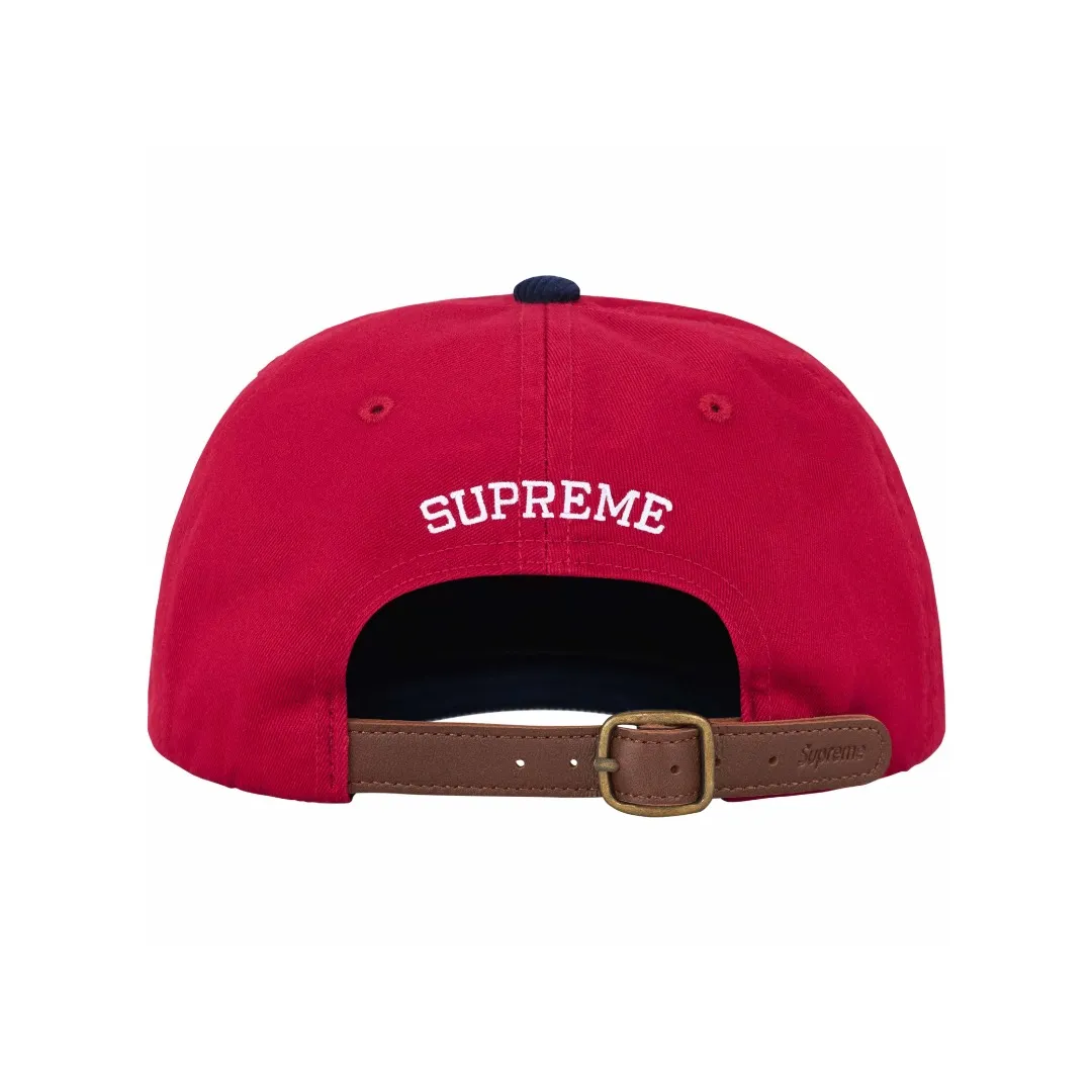S364💰p130 Supreme 24SS 2-TONE S LOGO 6-PANEL Retro Color Block Embroidered Leather Button Hat Color: White Black Red Khaki