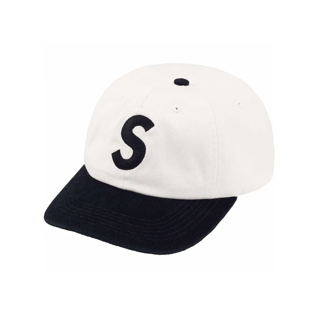 S364💰p130 Supreme 24SS 2-TONE S LOGO 6-PANEL Retro Color Block Embroidered Leather Button Hat Color: White Black Red Khaki