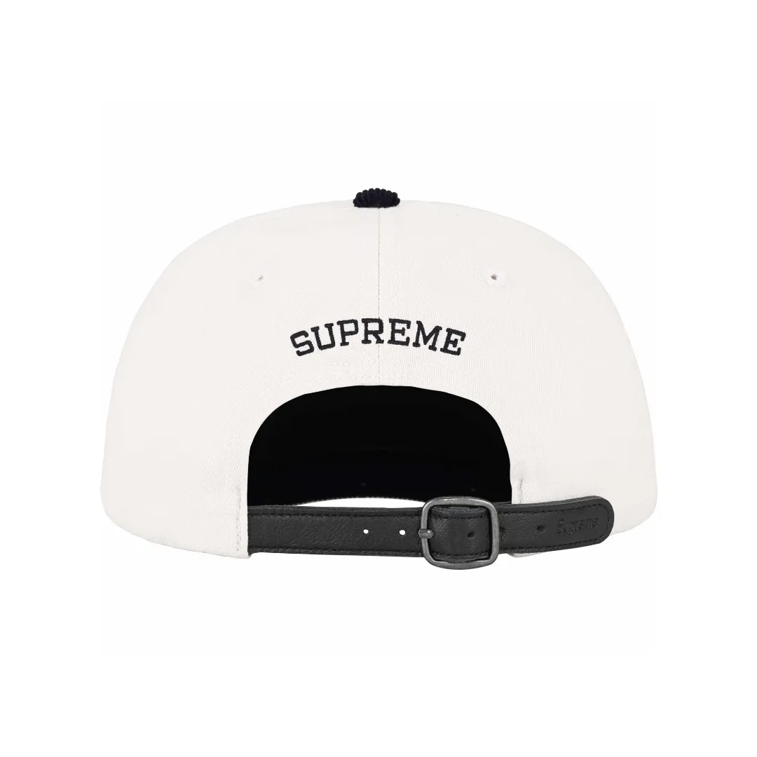 S364💰p130 Supreme 24SS 2-TONE S LOGO 6-PANEL Retro Color Block Embroidered Leather Button Hat Color: White Black Red Khaki