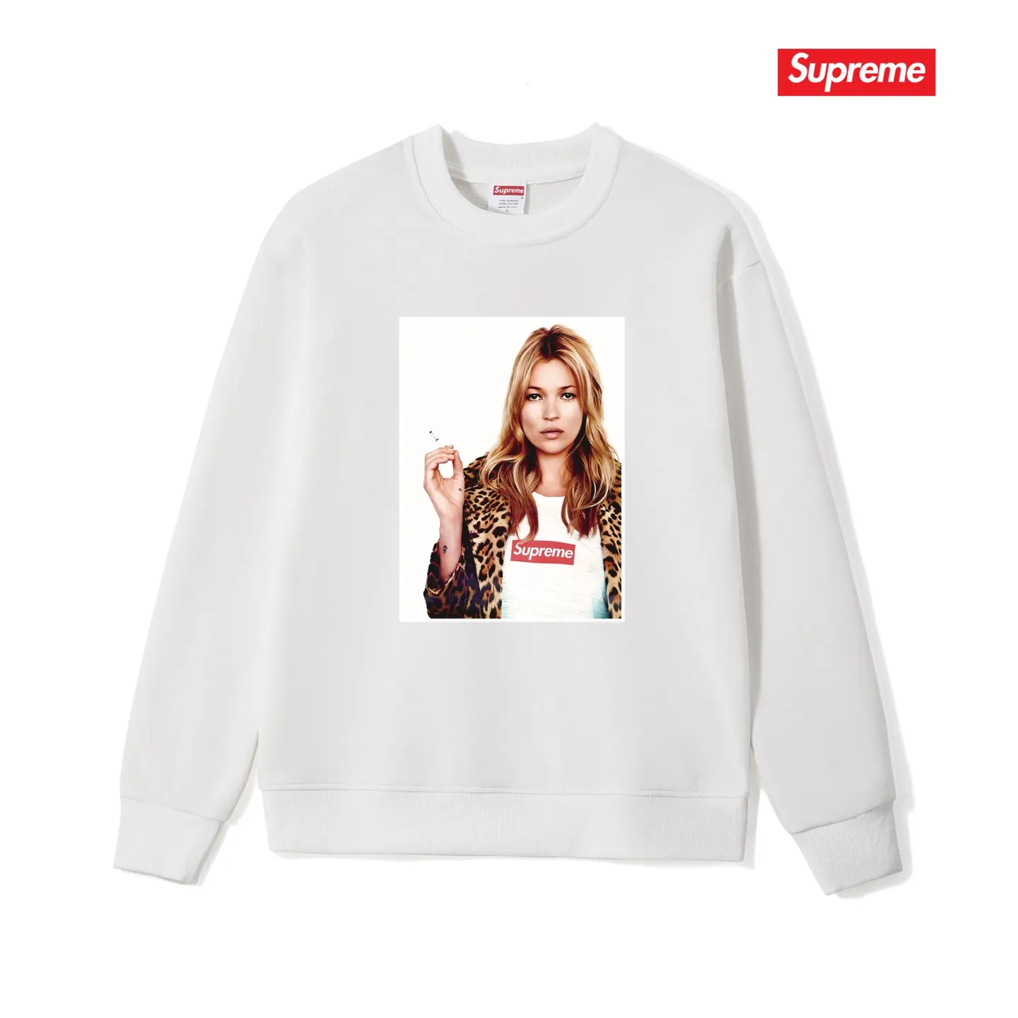 Style No. S1190 #terry p150💰 Velvet 160💰 Supreme 12SS Kate Moss Photo Sticker Kate character round neck sweatshirt Made of 400 grams of large terry (drop shoulder large version) fabric, soft texture and no pilling Imported environmentally friendly printing glue The pattern is bright and three-dimensional Quality💥Same style for men and women The upper body is trendy Color: black white gray Size: S M L XL XXL