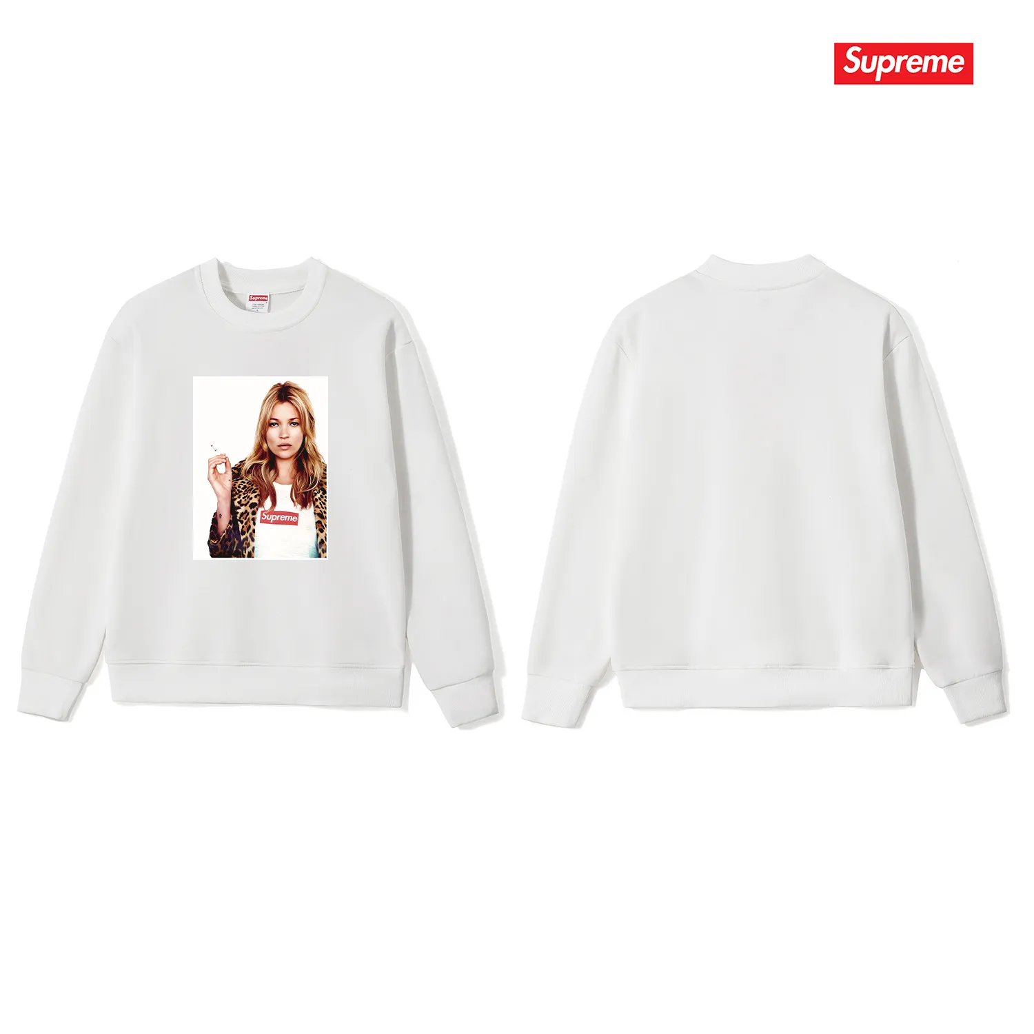 Style No. S1190 #terry p150💰 Velvet 160💰 Supreme 12SS Kate Moss Photo Sticker Kate character round neck sweatshirt Made of 400 grams of large terry (drop shoulder large version) fabric, soft texture and no pilling Imported environmentally friendly printing glue The pattern is bright and three-dimensional Quality💥Same style for men and women The upper body is trendy Color: black white gray Size: S M L XL XXL