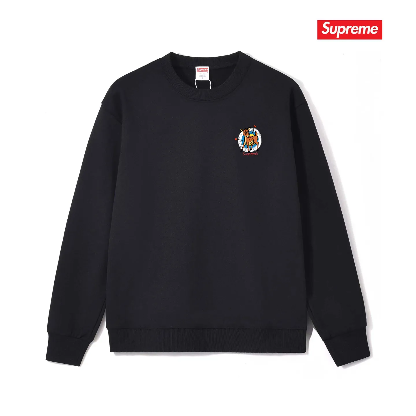 Style No. S1052 #terry p150💰 Velvet 160💰 Supreme SS22 Week 1 Deer Tee deer target cartoon pattern printed round neck sweatshirt Made of 400 grams of large terry (drop shoulder large version) fabric, soft texture and no pilling Imported environmentally friendly printing glue The pattern is bright and three-dimensional Quality💥Same style for men and women The upper body is fashionable Color: black white gray Size: S M L XL XXL