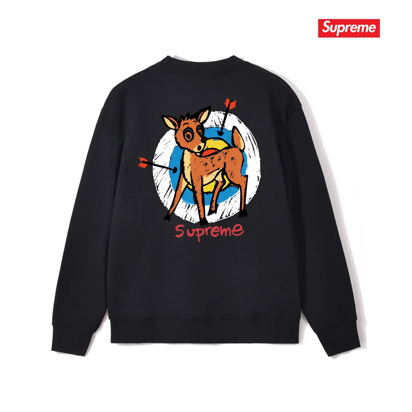 Style No. S1052 #terry p150💰 Velvet 160💰 Supreme SS22 Week 1 Deer Tee deer target cartoon pattern printed round neck sweatshirt Made of 400 grams of large terry (drop shoulder large version) fabric, soft texture and no pilling Imported environmentally friendly printing glue The pattern is bright and three-dimensional Quality💥Same style for men and women The upper body is fashionable Color: black white gray Size: S M L XL XXL