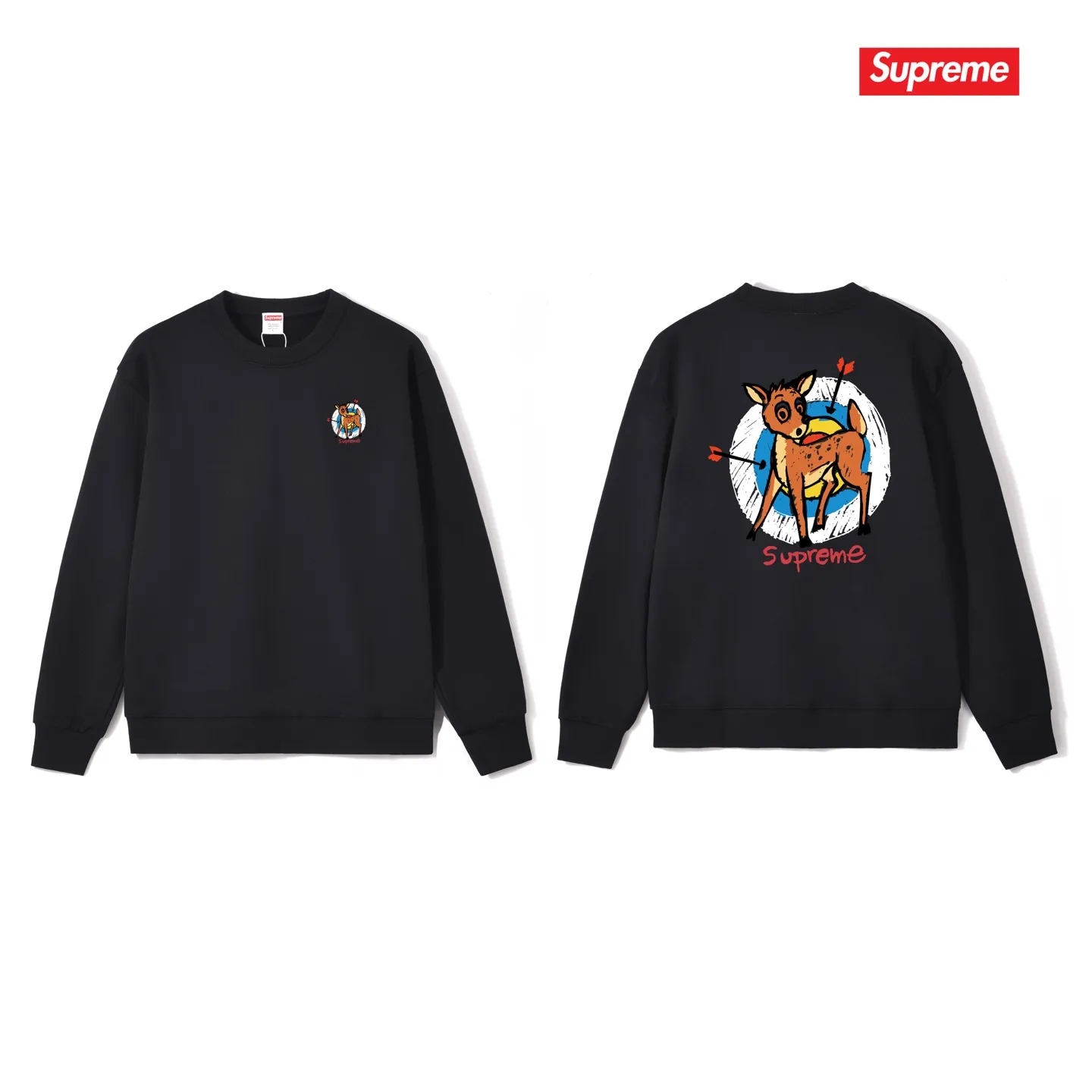 Style No. S1052 #terry p150💰 Velvet 160💰 Supreme SS22 Week 1 Deer Tee deer target cartoon pattern printed round neck sweatshirt Made of 400 grams of large terry (drop shoulder large version) fabric, soft texture and no pilling Imported environmentally friendly printing glue The pattern is bright and three-dimensional Quality💥Same style for men and women The upper body is fashionable Color: black white gray Size: S M L XL XXL