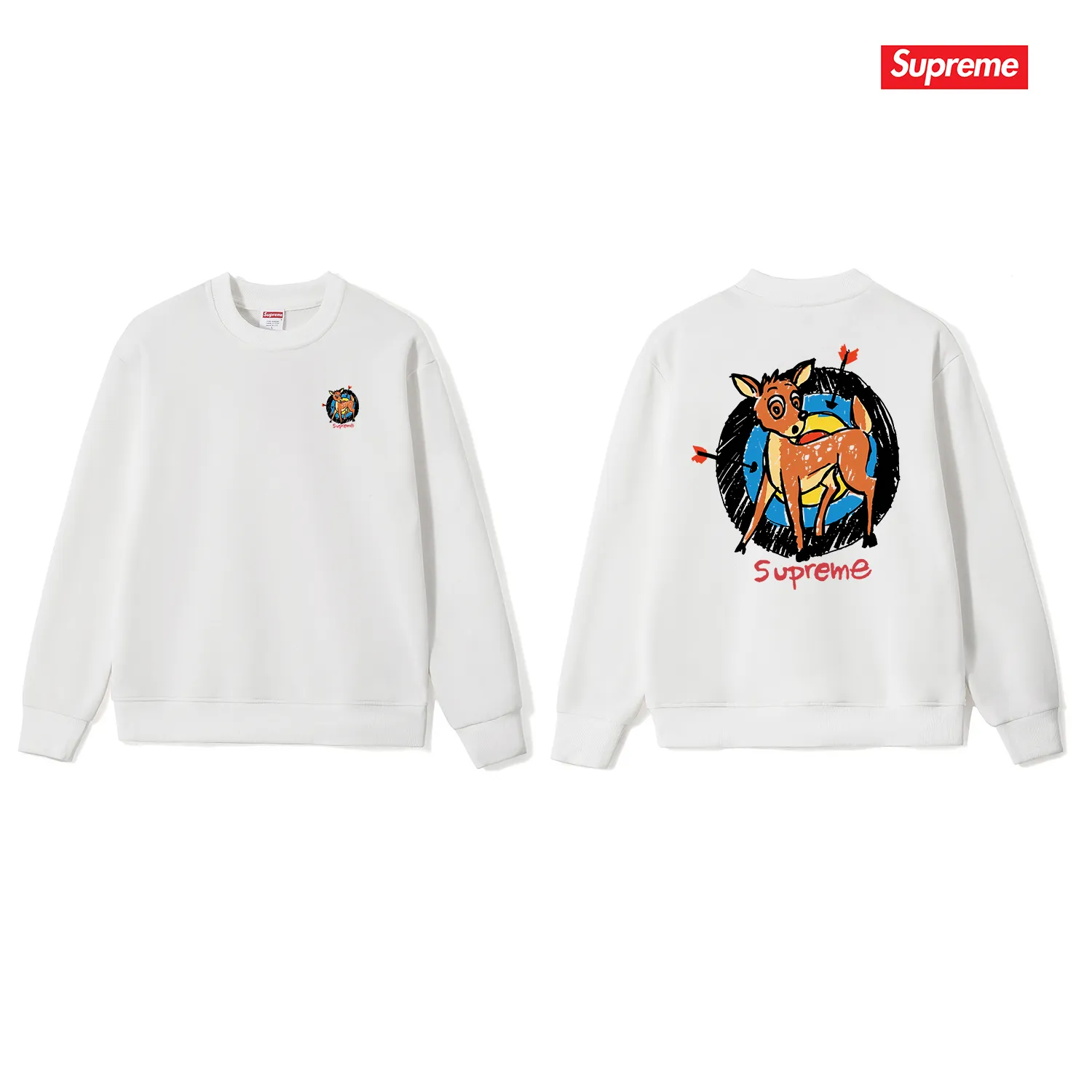 Style No. S1052 #terry p150💰 Velvet 160💰 Supreme SS22 Week 1 Deer Tee deer target cartoon pattern printed round neck sweatshirt Made of 400 grams of large terry (drop shoulder large version) fabric, soft texture and no pilling Imported environmentally friendly printing glue The pattern is bright and three-dimensional Quality💥Same style for men and women The upper body is fashionable Color: black white gray Size: S M L XL XXL
