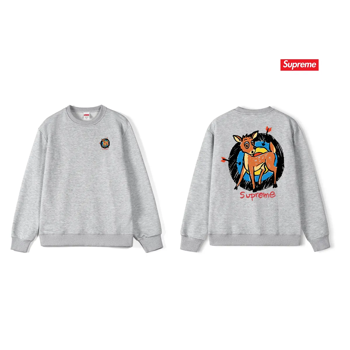 Style No. S1052 #terry p150💰 Velvet 160💰 Supreme SS22 Week 1 Deer Tee deer target cartoon pattern printed round neck sweatshirt Made of 400 grams of large terry (drop shoulder large version) fabric, soft texture and no pilling Imported environmentally friendly printing glue The pattern is bright and three-dimensional Quality💥Same style for men and women The upper body is fashionable Color: black white gray Size: S M L XL XXL