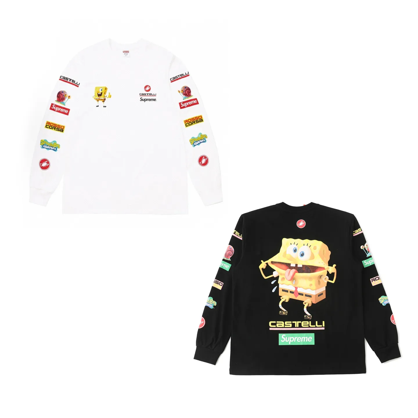 S626💰p270 Supreme x SPONGEBOB SQUAREPANTS Spongebob x CASTELLI joint model SS25 WEEK11 Racing L/S Tee SpongeBob SquarePants funny printed pattern round neck long-sleeved T-shirt Unisex 260g pure cotton material Super cute large print Very popular appearance Color: Black White Size: S M L XL (175 140 wear M) Length: 69 71 73 76 Bust: 114 118 122 126 Sleeve length: 62 63 64 65