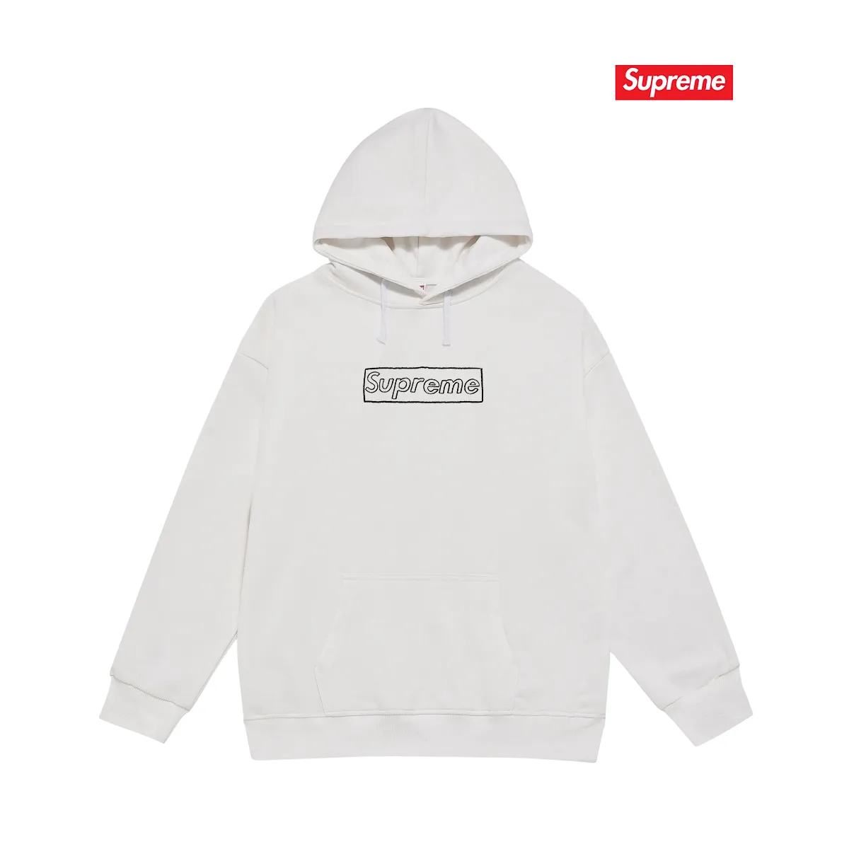 Style No. S2077 #terry P160💰 Velvet P170💰 Supreme Week 18 x KAWS Joint Chalk Logo Tee Chalk Letter Box Solid Color Logo Print Hooded Sweatshirt Made of 400g large terry 430g silver fox velvet (drop shoulder large version) fabric Soft texture without pilling Imported environmentally friendly printing glue Bright three-dimensional pattern Quality 💥Same style for men and women The upper body is fashionable Color: black white gray Size: S M L XL XXL
