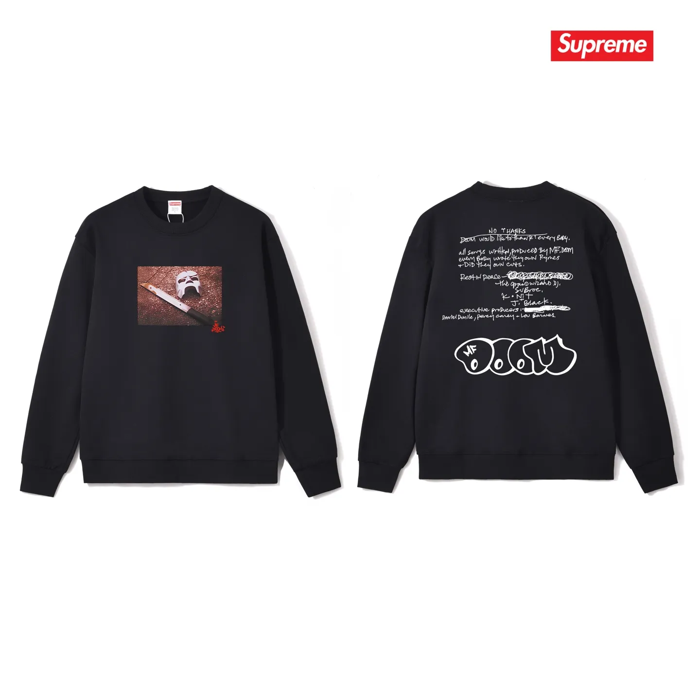 Style No. S1207 #terry p150💰 Plush 160💰 SupxMFDOOM FW23 round neck sweatshirt with handwritten letters printed on the back of the mask. Made of 400 grams of large terry (drop shoulder large version) fabric. The texture is soft and non-pilling. Imported environmentally friendly printing glue. The pattern is bright and three-dimensional. Quality💥Same style for men and women. The upper body is trendy. Color: black white gray Size: S M L XL XXL