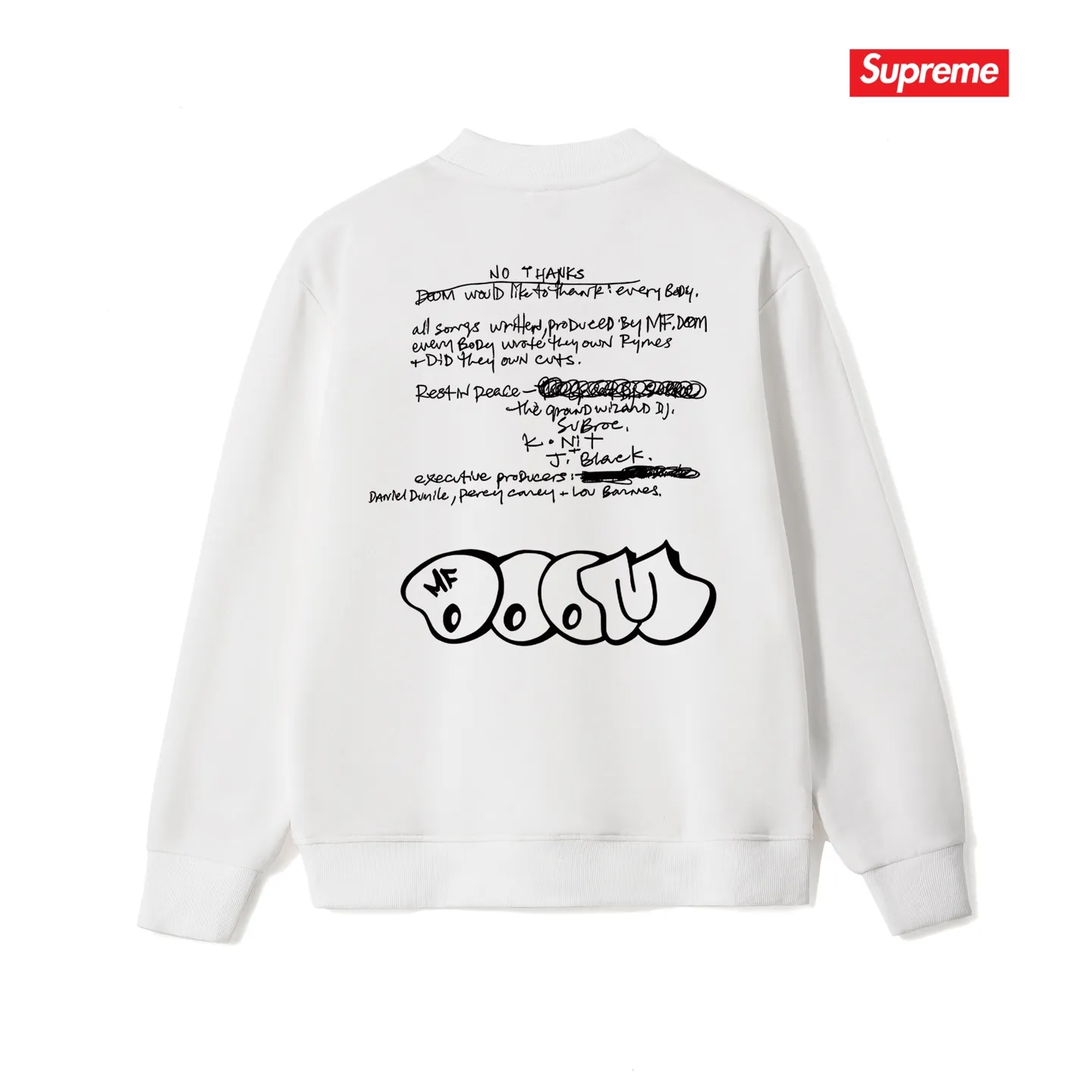 Style No. S1207 #terry p150💰 Plush 160💰 SupxMFDOOM FW23 round neck sweatshirt with handwritten letters printed on the back of the mask. Made of 400 grams of large terry (drop shoulder large version) fabric. The texture is soft and non-pilling. Imported environmentally friendly printing glue. The pattern is bright and three-dimensional. Quality💥Same style for men and women. The upper body is trendy. Color: black white gray Size: S M L XL XXL