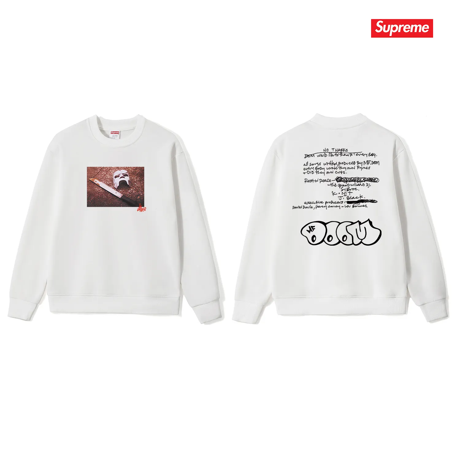 Style No. S1207 #terry p150💰 Plush 160💰 SupxMFDOOM FW23 round neck sweatshirt with handwritten letters printed on the back of the mask. Made of 400 grams of large terry (drop shoulder large version) fabric. The texture is soft and non-pilling. Imported environmentally friendly printing glue. The pattern is bright and three-dimensional. Quality💥Same style for men and women. The upper body is trendy. Color: black white gray Size: S M L XL XXL