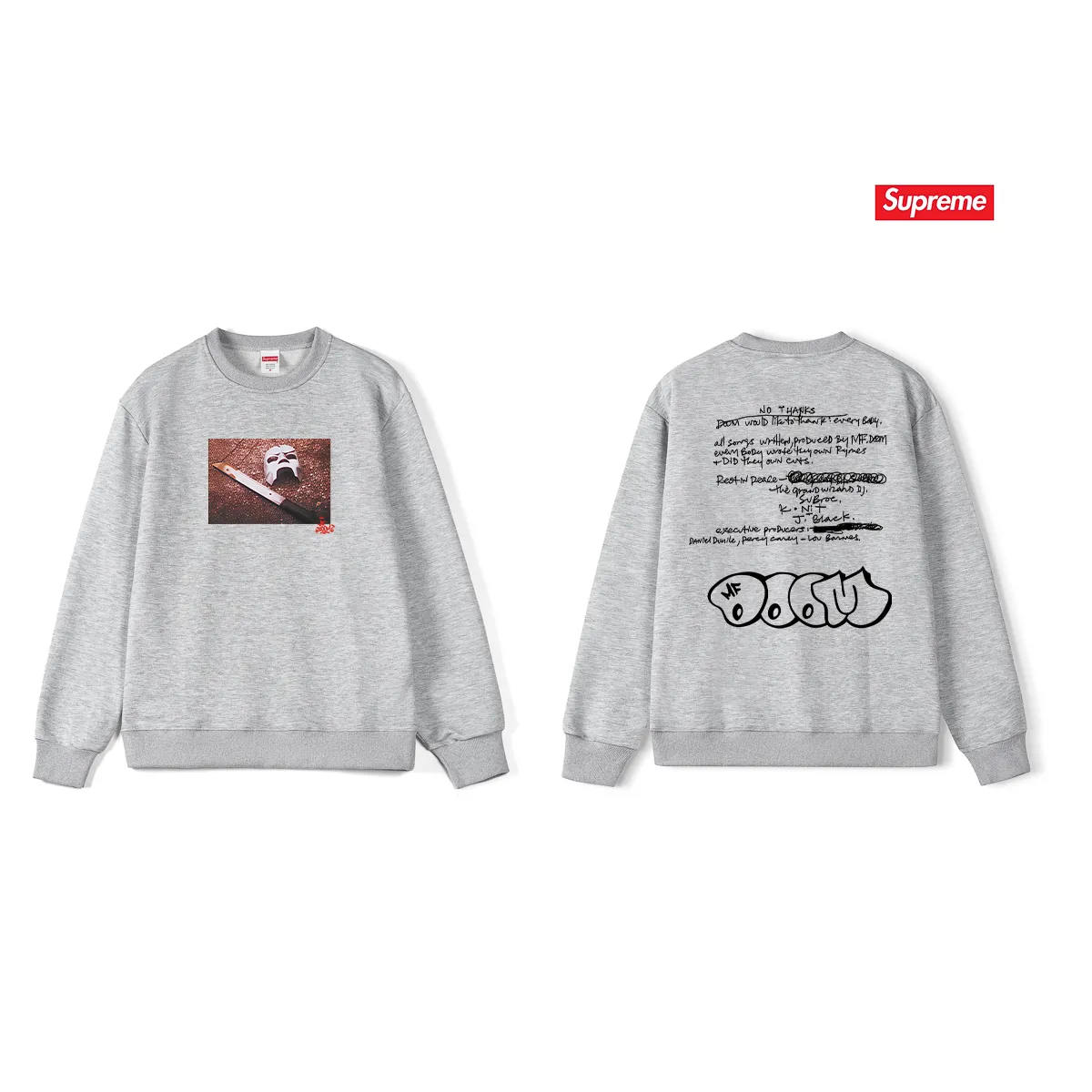 Style No. S1207 #terry p150💰 Plush 160💰 SupxMFDOOM FW23 round neck sweatshirt with handwritten letters printed on the back of the mask. Made of 400 grams of large terry (drop shoulder large version) fabric. The texture is soft and non-pilling. Imported environmentally friendly printing glue. The pattern is bright and three-dimensional. Quality💥Same style for men and women. The upper body is trendy. Color: black white gray Size: S M L XL XXL