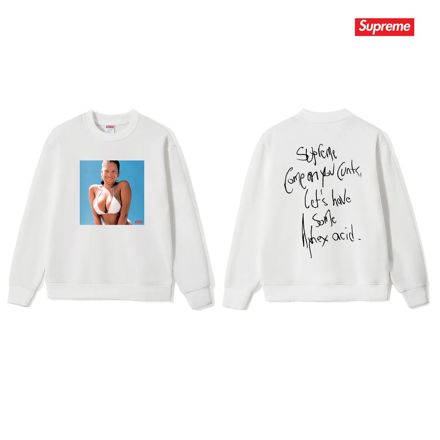 Style No. S1148 #terry p150💰 Velvet 160💰 Supreme 25SS Aphex Twin Tee Singer Bikini Album Round Neck Sweatshirt Made of 400 grams of large terry (drop shoulder large version) fabric, soft texture and no pilling Imported environmentally friendly printing glue The pattern is bright and three-dimensional Quality 💥Same style for men and women The upper body is trendy Color: Black White Gray Size: S M L XL XXL