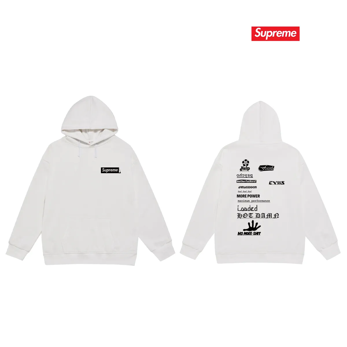 Style No. S2243 #terry P160💰 Velvet P170💰 Supreme Week 17 No More Shit Tee hooded sweatshirt Made of 400g large terry 430g silver fox velvet (drop shoulder large version) fabric, soft texture and no pilling Imported environmentally friendly printing glue The pattern is bright and three-dimensional Quality 💥Same style for men and women The upper body is fashionable Color: black white gray Size: S M L XL XXL