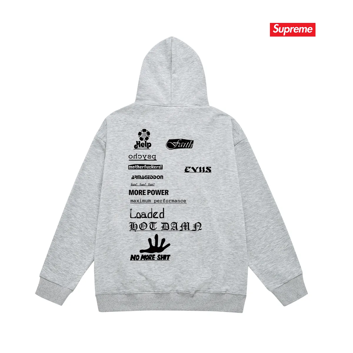 Style No. S2243 #terry P160💰 Velvet P170💰 Supreme Week 17 No More Shit Tee hooded sweatshirt Made of 400g large terry 430g silver fox velvet (drop shoulder large version) fabric, soft texture and no pilling Imported environmentally friendly printing glue The pattern is bright and three-dimensional Quality 💥Same style for men and women The upper body is fashionable Color: black white gray Size: S M L XL XXL