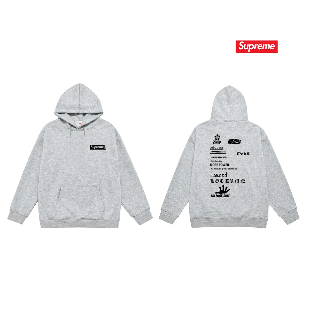 Style No. S2243 #terry P160💰 Velvet P170💰 Supreme Week 17 No More Shit Tee hooded sweatshirt Made of 400g large terry 430g silver fox velvet (drop shoulder large version) fabric, soft texture and no pilling Imported environmentally friendly printing glue The pattern is bright and three-dimensional Quality 💥Same style for men and women The upper body is fashionable Color: black white gray Size: S M L XL XXL