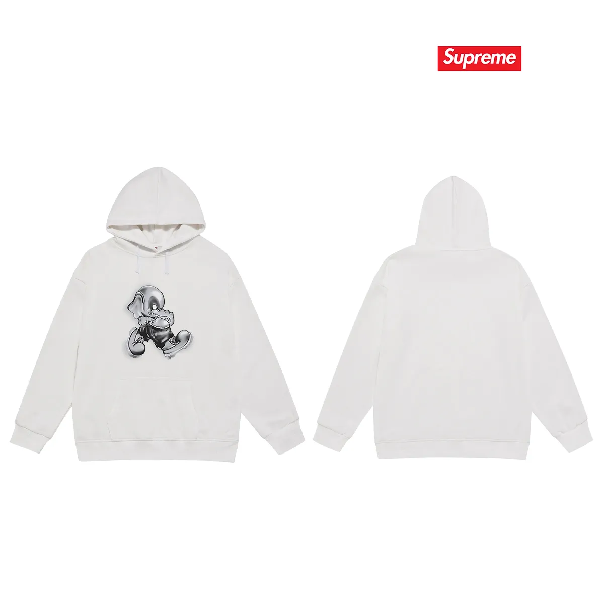 Style No. S2109 #terry P160💰 Velvet P170💰 Supreme FW22 Week1ElephantTee printed hooded sweatshirt Made of 400g large terry 430g silver fox velvet (off-shoulder large version) fabric, soft texture and no pilling Imported environmentally friendly printing glue The pattern is bright and three-dimensional Quality 💥Same style for men and women The upper body is trendy Color: black white gray Size: S M L XL XXL