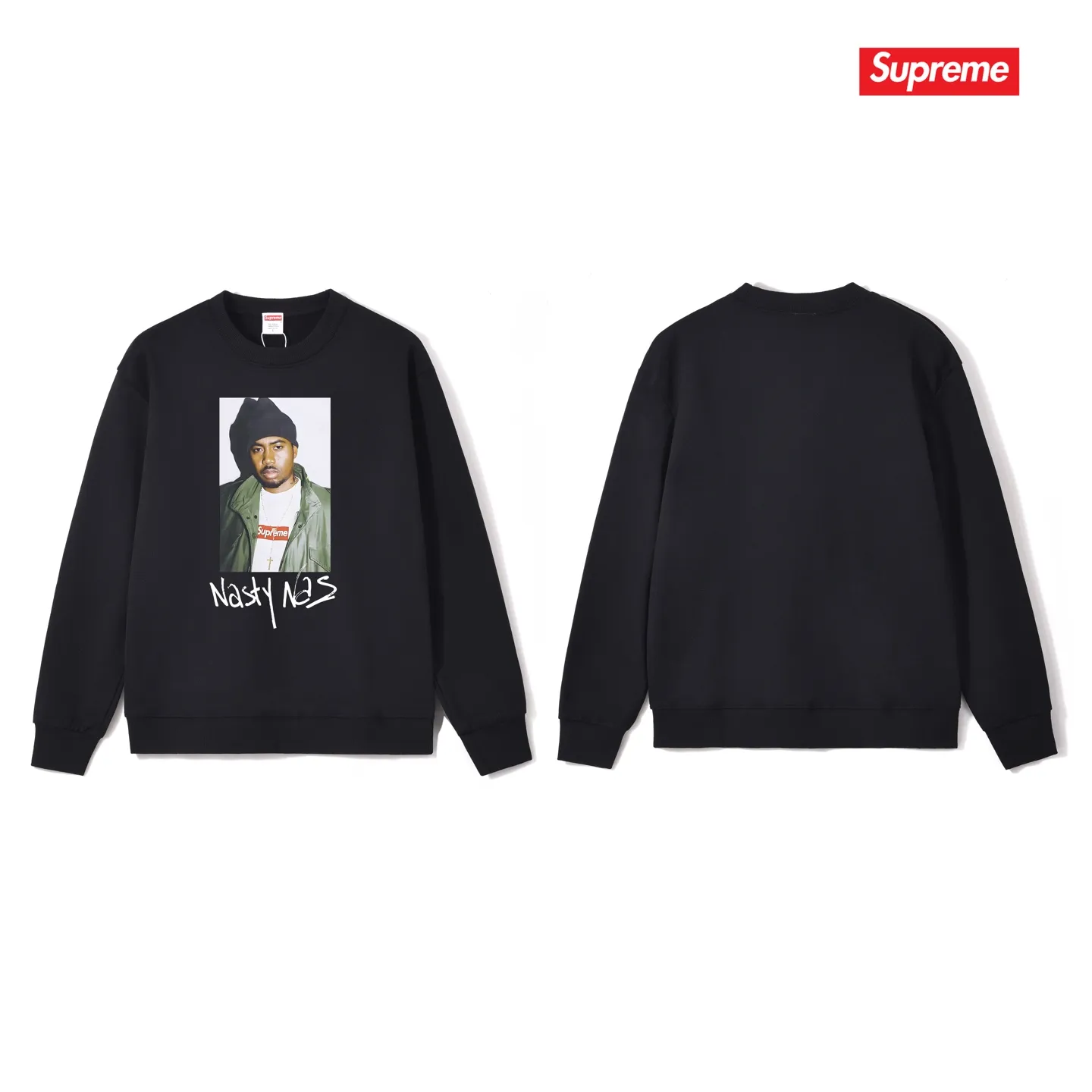 Style No. S1114 #terry p150💰 Velvet 160💰 Supreme FW17 Nas Tee Black rapper pattern unisex round neck sweatshirt Made of 400g large terry (drop shoulder large version) fabric, soft texture and no pilling Imported environmentally friendly printing glue The pattern is bright and three-dimensional Quality 💥 unisex style The upper body is trendy Color: black white gray Size: S M L XL XXL
