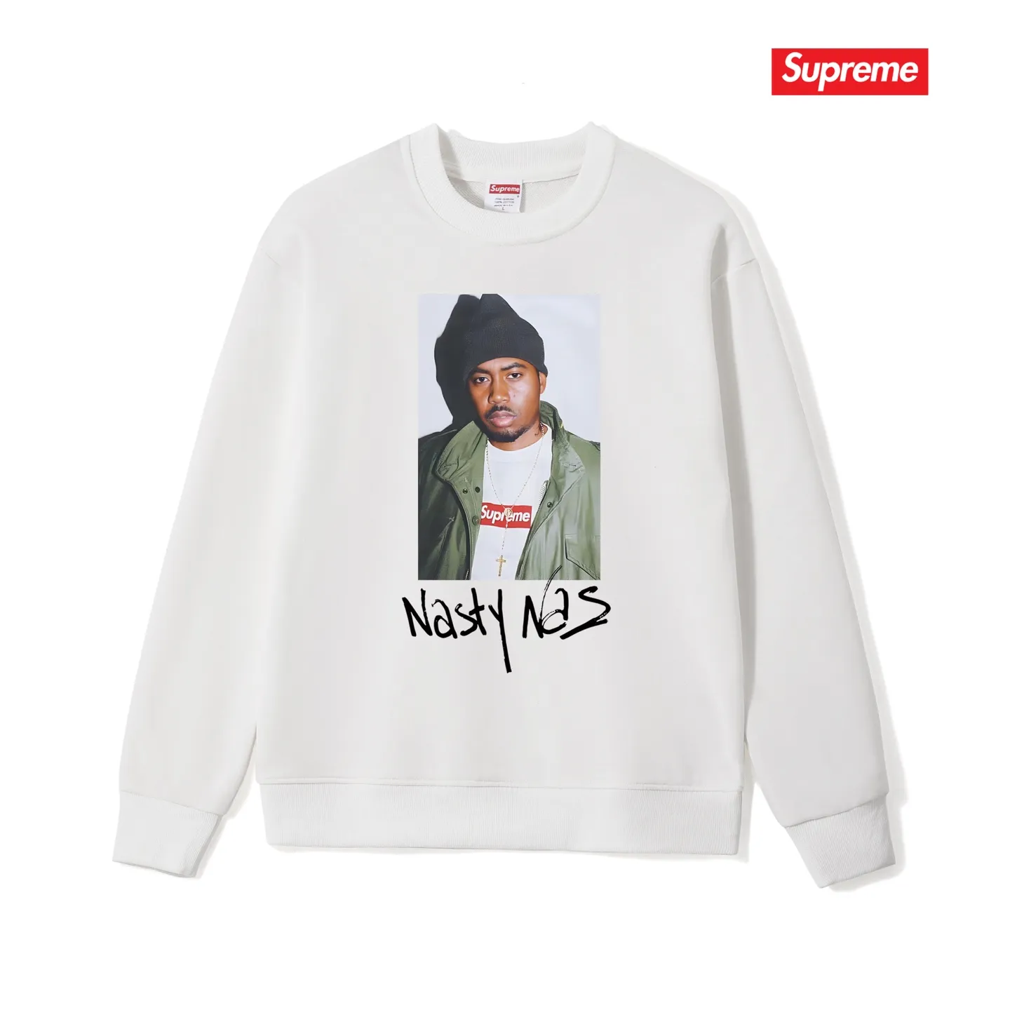Style No. S1114 #terry p150💰 Velvet 160💰 Supreme FW17 Nas Tee Black rapper pattern unisex round neck sweatshirt Made of 400g large terry (drop shoulder large version) fabric, soft texture and no pilling Imported environmentally friendly printing glue The pattern is bright and three-dimensional Quality 💥 unisex style The upper body is trendy Color: black white gray Size: S M L XL XXL