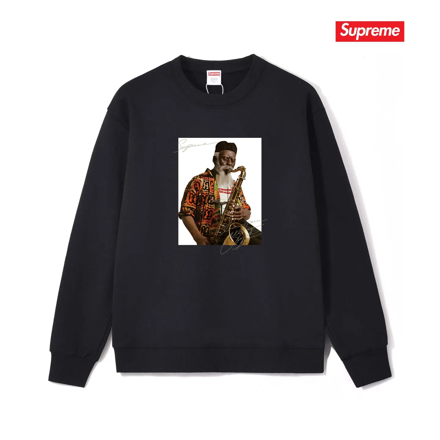 Style No. S1034 #terry p150💰 Velvet 160💰 Supreme Pharoah Sanders Tee Saxophone character avatar round neck sweatshirt Made of 400 grams of large terry (drop shoulder large version) fabric, soft and non-pilling texture, imported environmentally friendly printing glue, bright and three-dimensional pattern, quality 💥Male and female, the upper body is fashionable Color: black white gray Size: S M L XL XXL