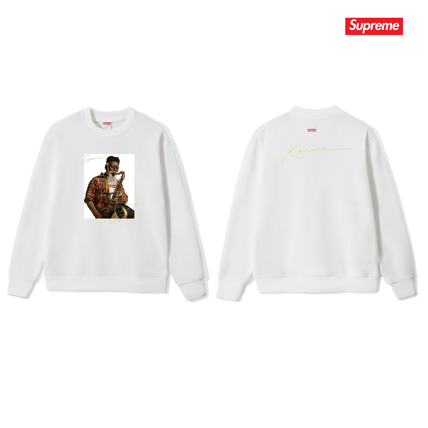 Style No. S1034 #terry p150💰 Velvet 160💰 Supreme Pharoah Sanders Tee Saxophone character avatar round neck sweatshirt Made of 400 grams of large terry (drop shoulder large version) fabric, soft and non-pilling texture, imported environmentally friendly printing glue, bright and three-dimensional pattern, quality 💥Male and female, the upper body is fashionable Color: black white gray Size: S M L XL XXL