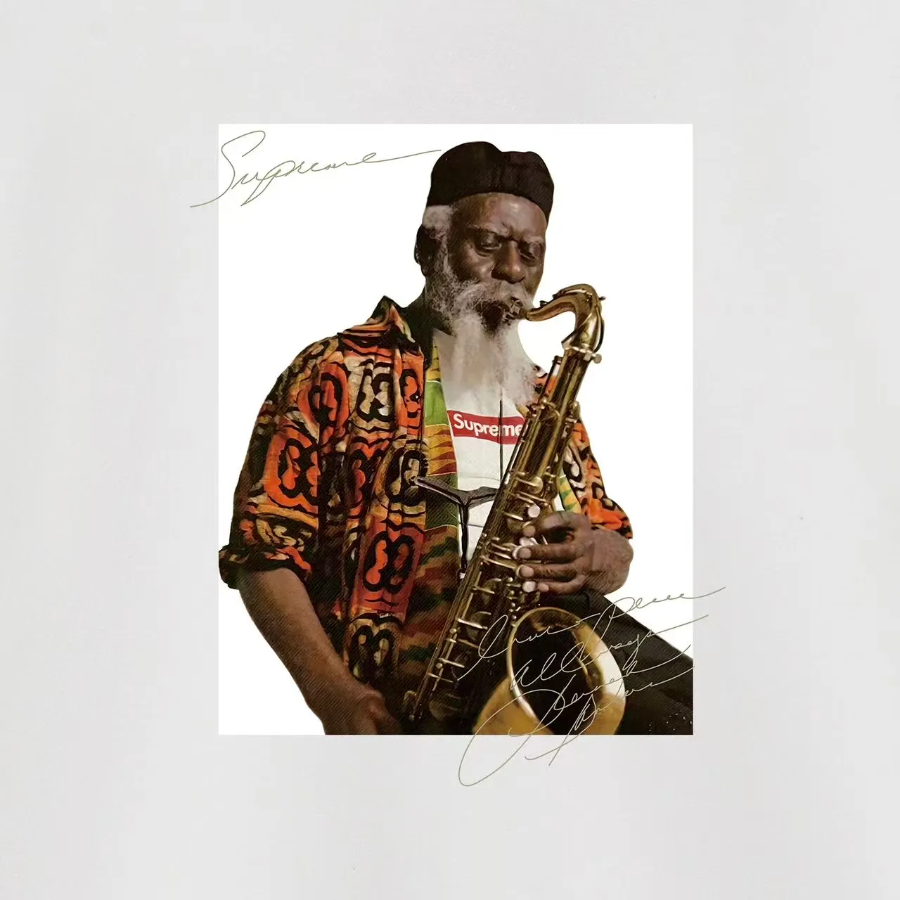 Style No. S1034 #terry p150💰 Velvet 160💰 Supreme Pharoah Sanders Tee Saxophone character avatar round neck sweatshirt Made of 400 grams of large terry (drop shoulder large version) fabric, soft and non-pilling texture, imported environmentally friendly printing glue, bright and three-dimensional pattern, quality 💥Male and female, the upper body is fashionable Color: black white gray Size: S M L XL XXL