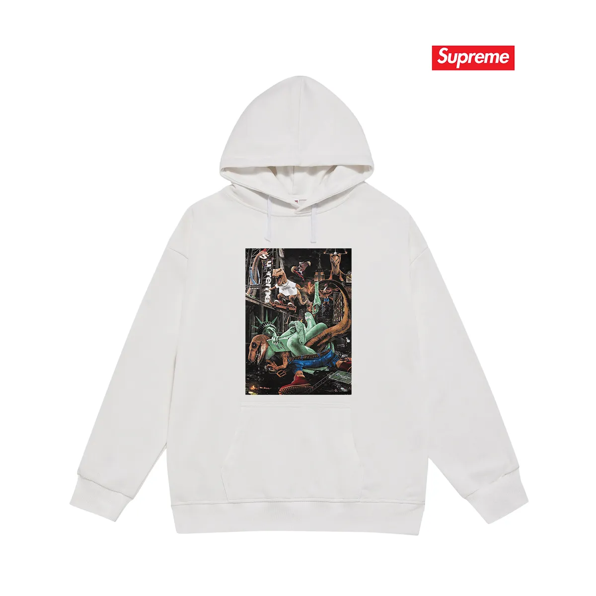 Style No. S2125 #terry P160💰 Velvet P170💰 Supreme 23SS T-REX TEE Tyrannosaurus City Battle Statue of Liberty Hooded sweatshirt Made of 400g large terry 430g silver fox velvet (drop shoulder large version) fabric, soft texture and no pilling Imported environmentally friendly printing glue The pattern is bright and three-dimensional Quality 💥Same style for men and women The upper body is trendy Color: black white Gray Size: S M L XL XXL