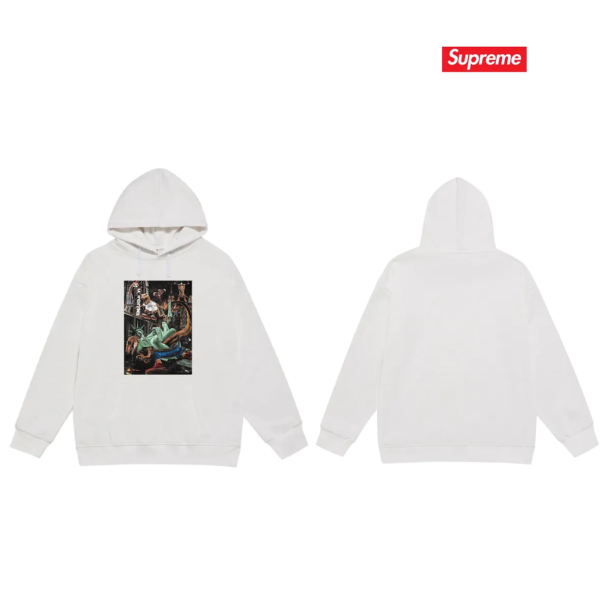 Style No. S2125 #terry P160💰 Velvet P170💰 Supreme 23SS T-REX TEE Tyrannosaurus City Battle Statue of Liberty Hooded sweatshirt Made of 400g large terry 430g silver fox velvet (drop shoulder large version) fabric, soft texture and no pilling Imported environmentally friendly printing glue The pattern is bright and three-dimensional Quality 💥Same style for men and women The upper body is trendy Color: black white Gray Size: S M L XL XXL