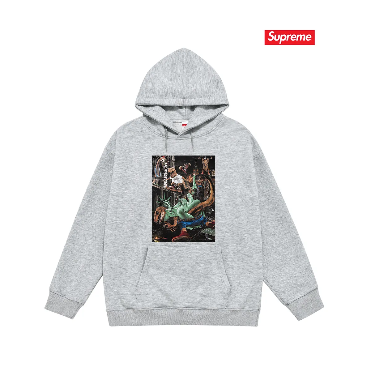 Style No. S2125 #terry P160💰 Velvet P170💰 Supreme 23SS T-REX TEE Tyrannosaurus City Battle Statue of Liberty Hooded sweatshirt Made of 400g large terry 430g silver fox velvet (drop shoulder large version) fabric, soft texture and no pilling Imported environmentally friendly printing glue The pattern is bright and three-dimensional Quality 💥Same style for men and women The upper body is trendy Color: black white Gray Size: S M L XL XXL