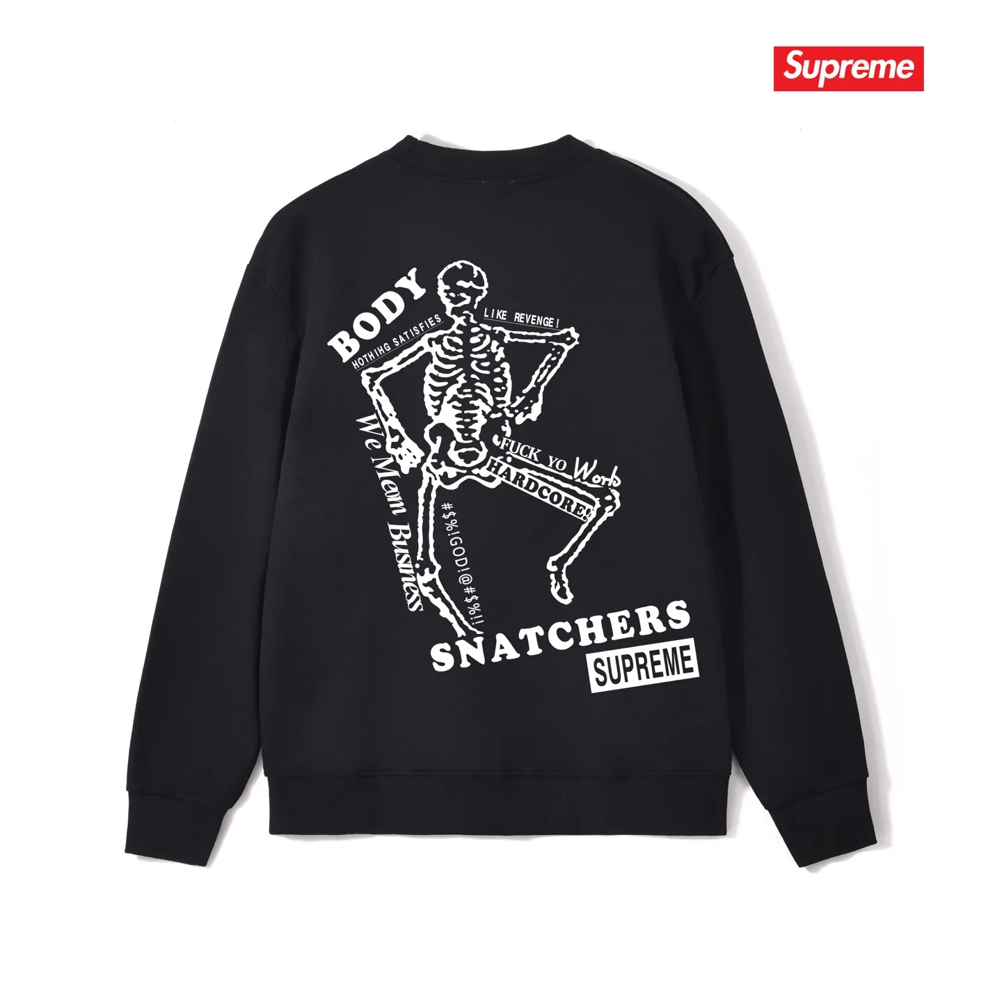 Style No. S1046 #terry p150💰 Velvet 160💰 Supreme SS23 Week9 BODY SNATCHERS TEE Classic boxlogo skull print on the back Round neck sweatshirt Made of 400g large terry (drop shoulder large version) fabric Soft texture and no pilling Imported environmentally friendly printing glue The pattern is bright and three-dimensional Quality💥Same style for men and women The upper body is trendy Color: black white gray Size: S M L XL XXL