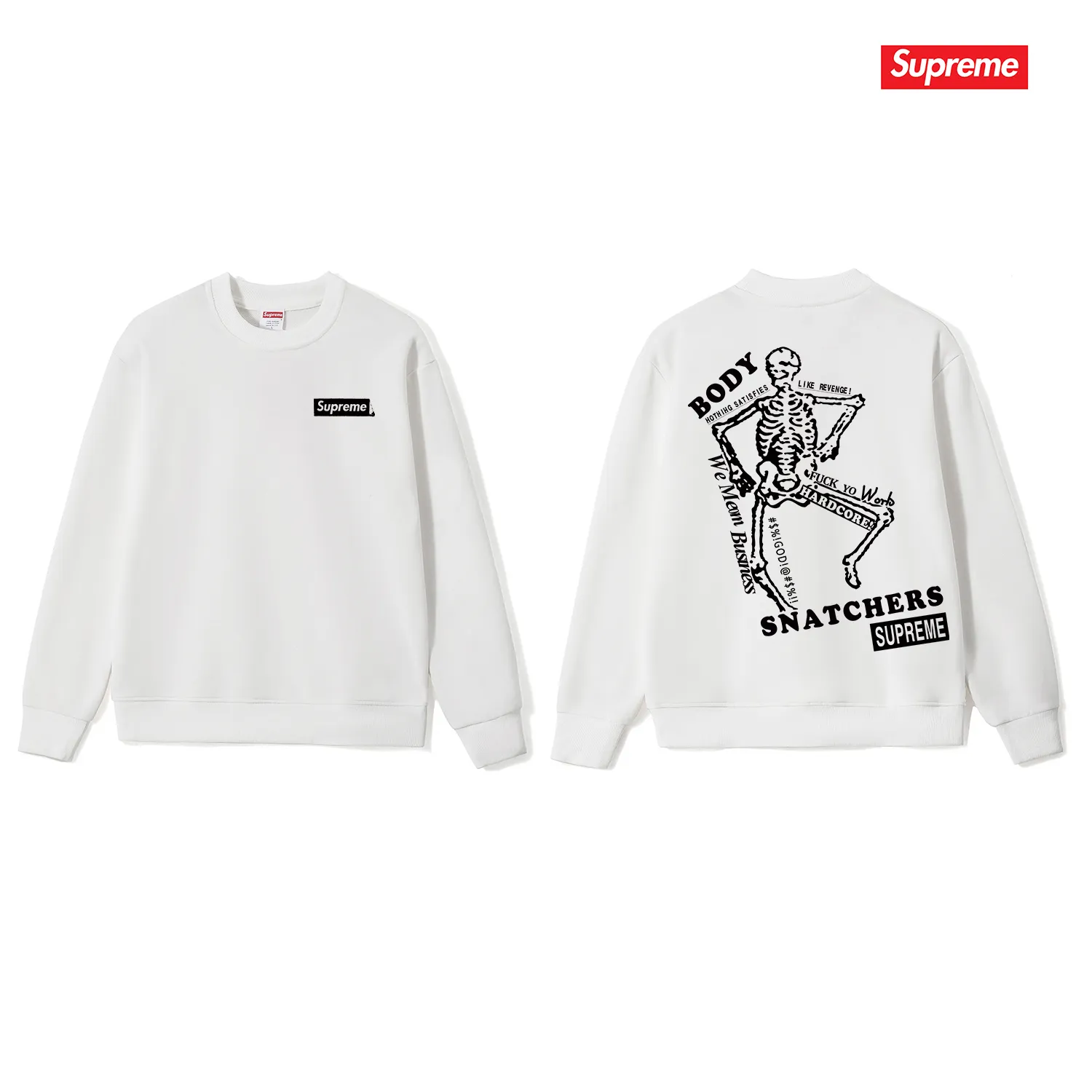 Style No. S1046 #terry p150💰 Velvet 160💰 Supreme SS23 Week9 BODY SNATCHERS TEE Classic boxlogo skull print on the back Round neck sweatshirt Made of 400g large terry (drop shoulder large version) fabric Soft texture and no pilling Imported environmentally friendly printing glue The pattern is bright and three-dimensional Quality💥Same style for men and women The upper body is trendy Color: black white gray Size: S M L XL XXL
